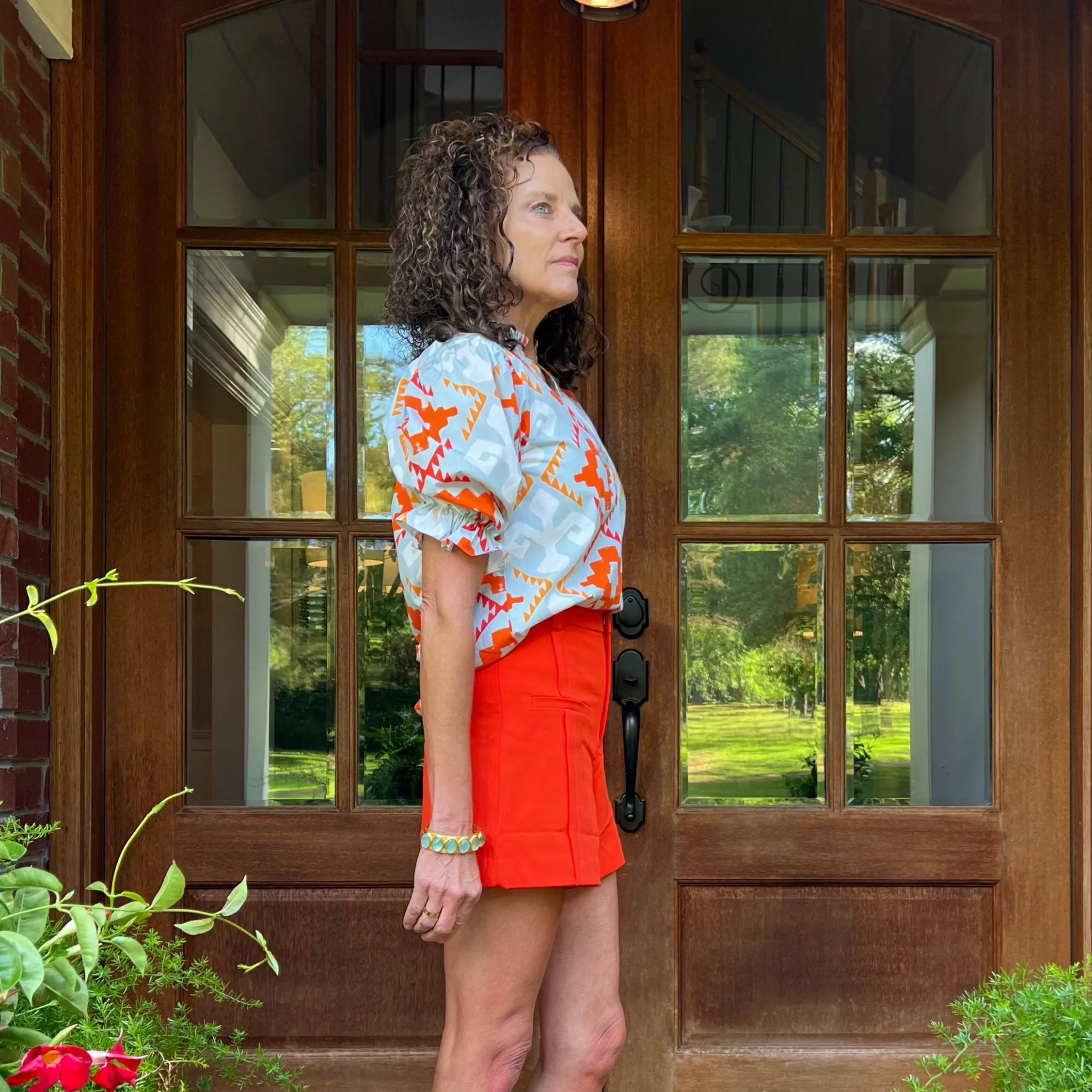 Lacy Puff Sleeve Top | Aztec Orange Multi