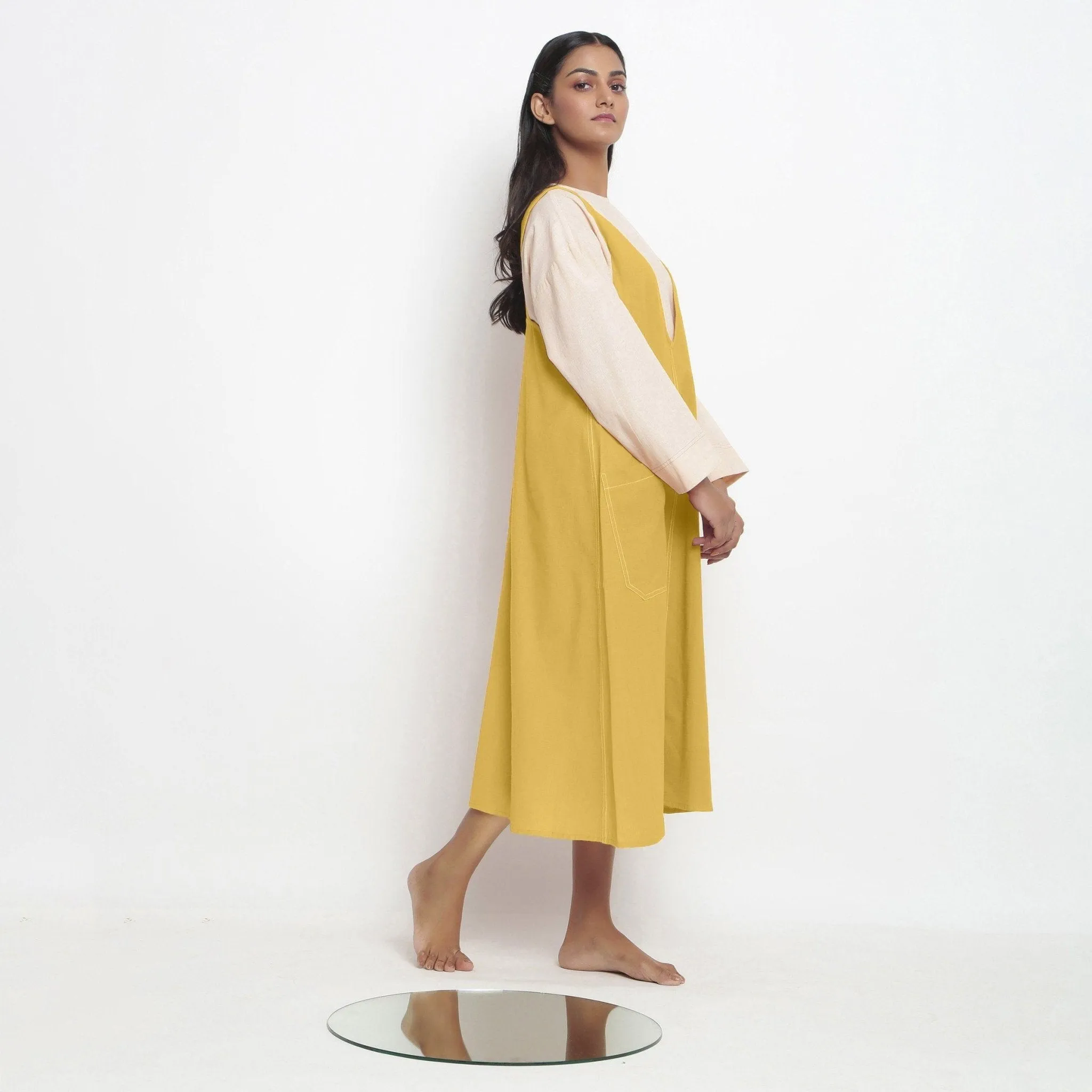 Light Yellow 100% Cotton Paneled Midi Shift Dress