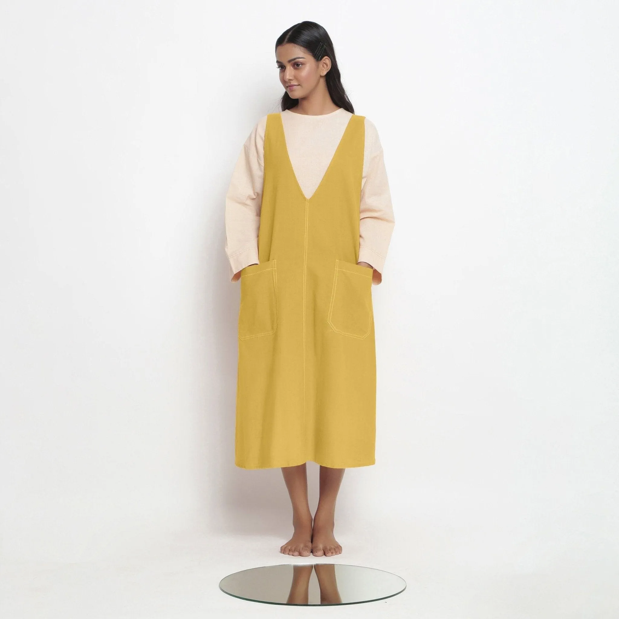 Light Yellow 100% Cotton Paneled Midi Shift Dress