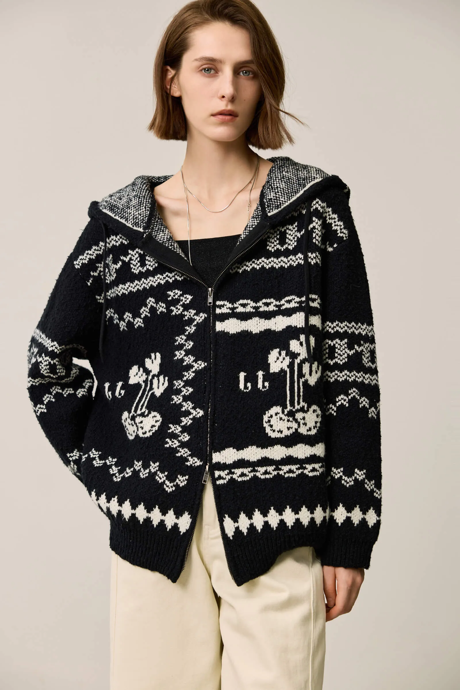 LILY Retro Fair Isle Black and White Contrast Knit Hoodie