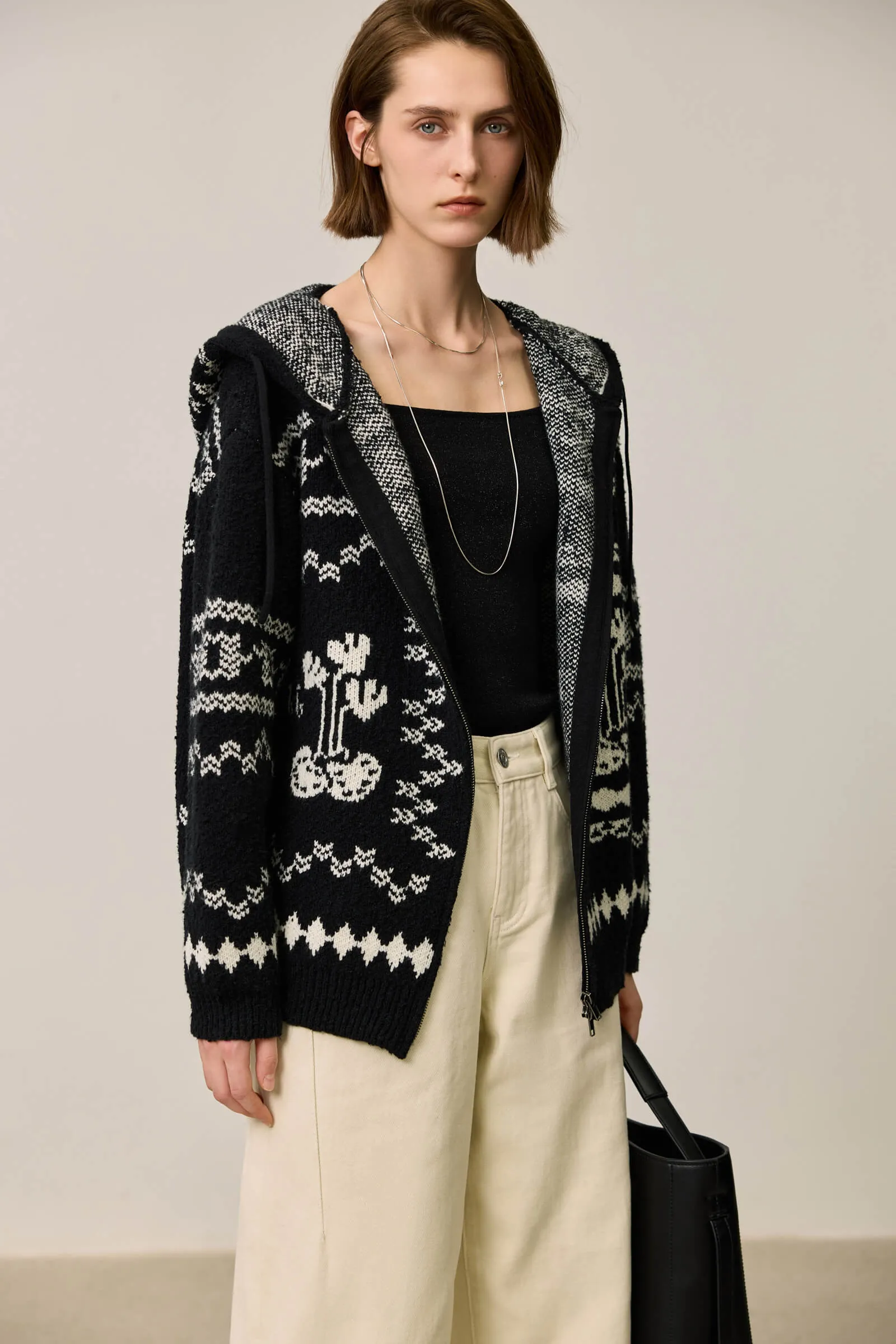 LILY Retro Fair Isle Black and White Contrast Knit Hoodie