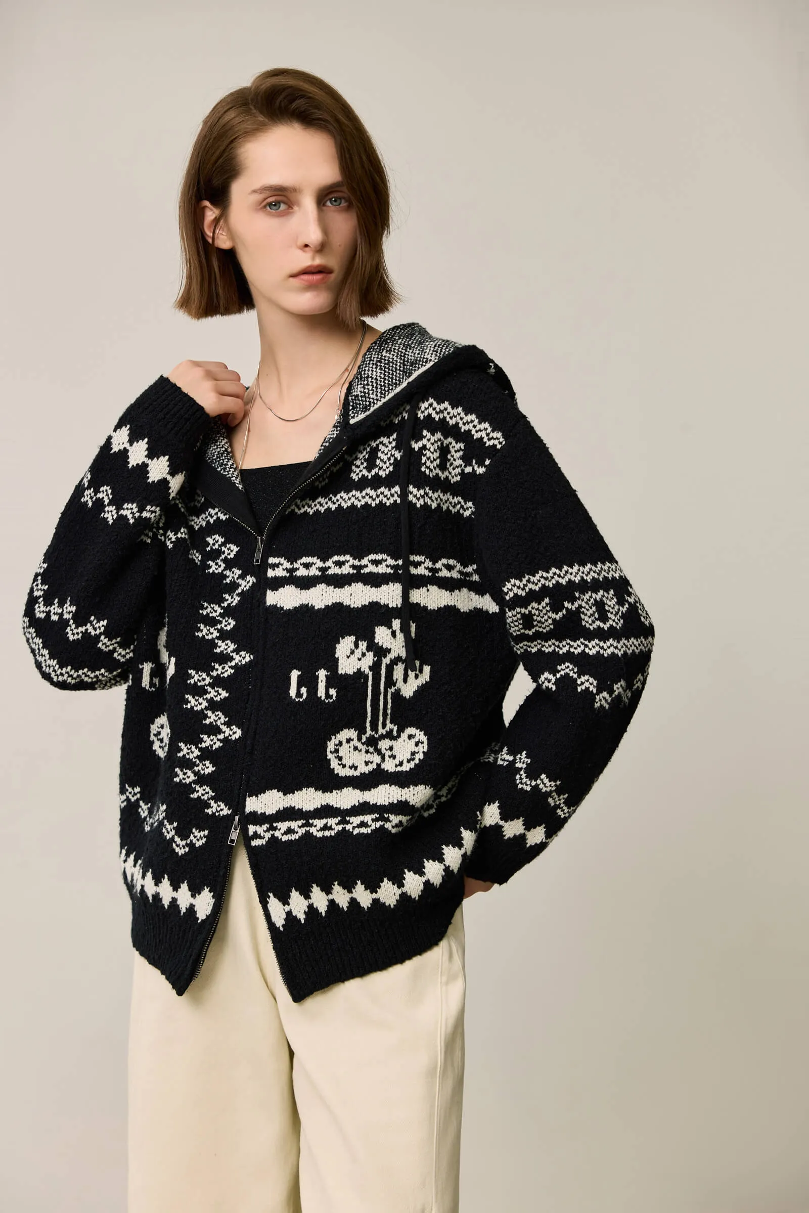 LILY Retro Fair Isle Black and White Contrast Knit Hoodie