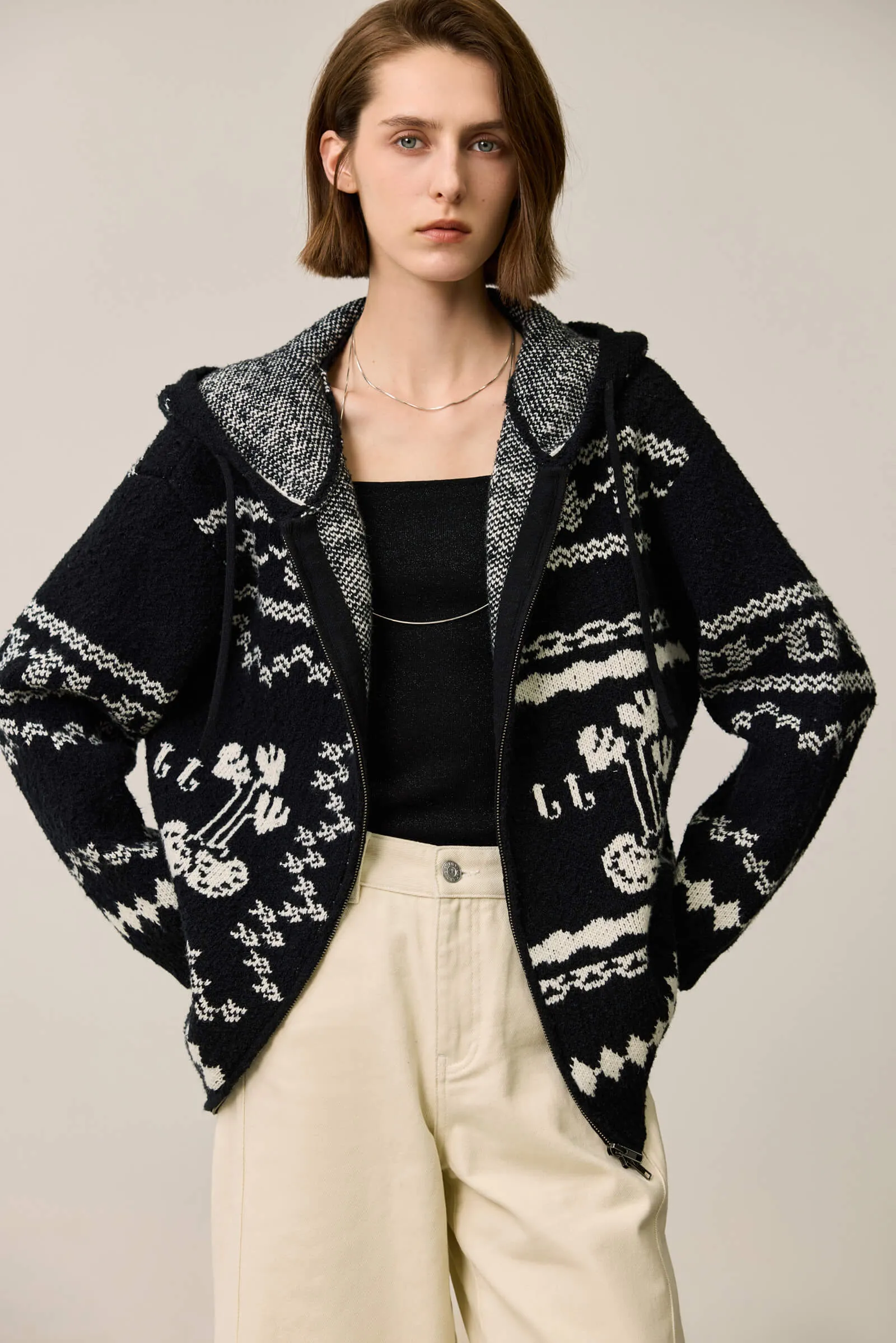 LILY Retro Fair Isle Black and White Contrast Knit Hoodie