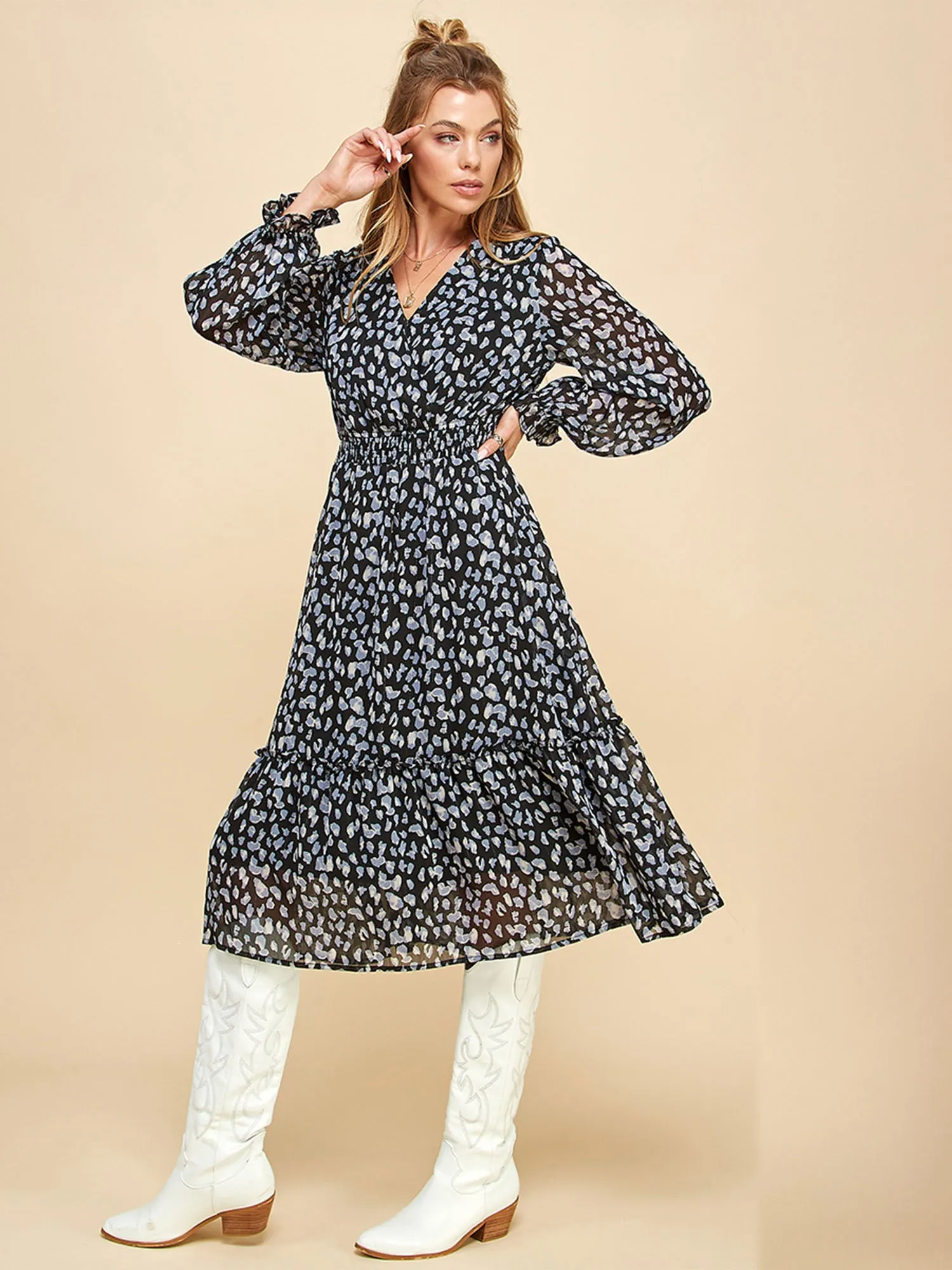 Long Sleeve Floral Fit & Flare Midi Dress