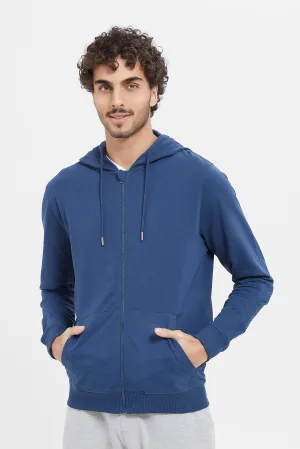 Men Blue Zip Hooded Sweatshirt