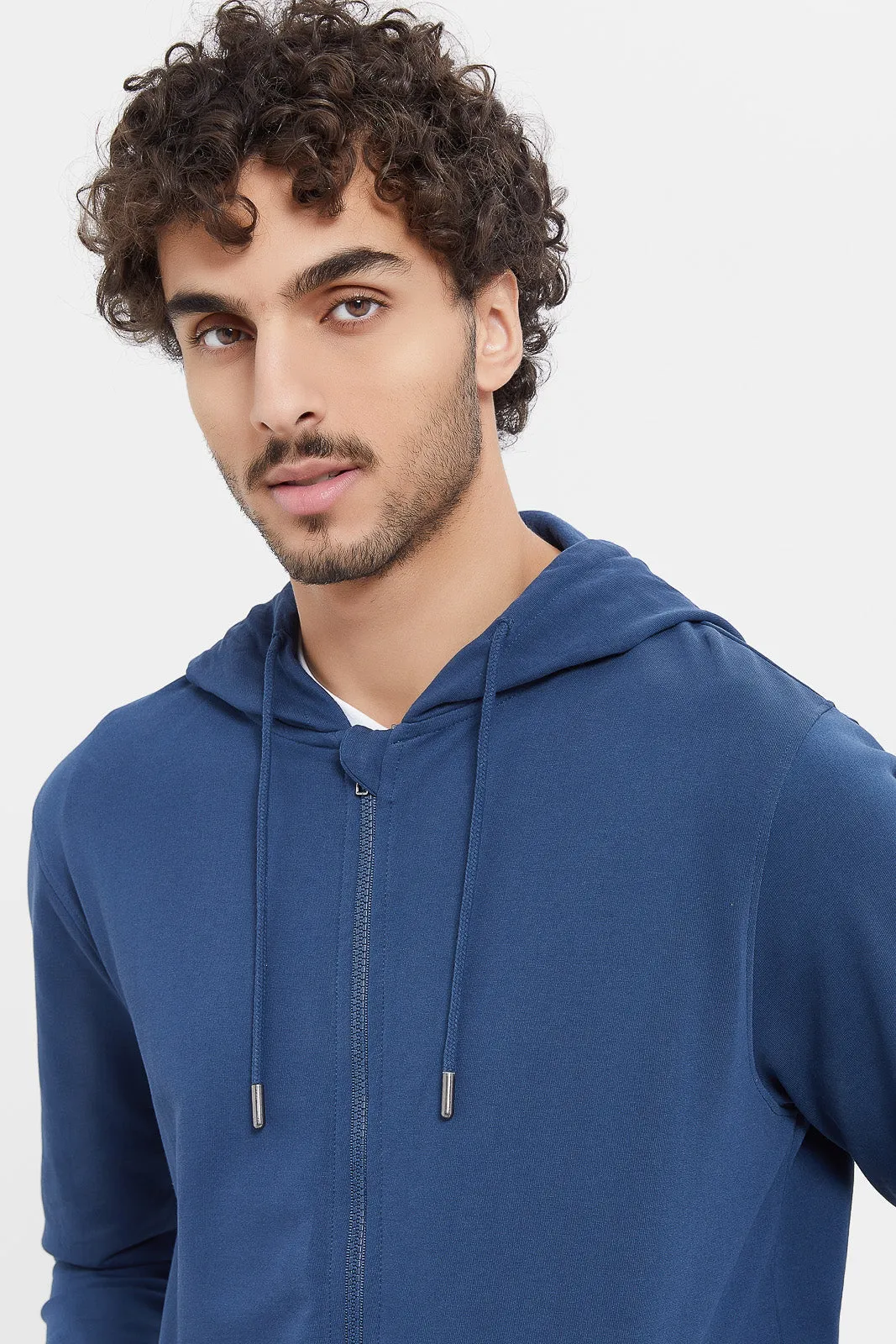 Men Blue Zip Hooded Sweatshirt