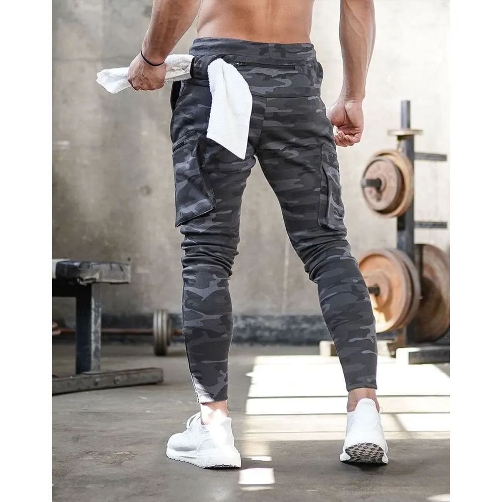 Men Multi-Pocket Drawstring Waist Jogger Sports Pants with Towel Loop