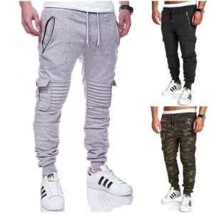 Men Slant Zip Pocket & Pleated Knee Cargo Jogger Pants