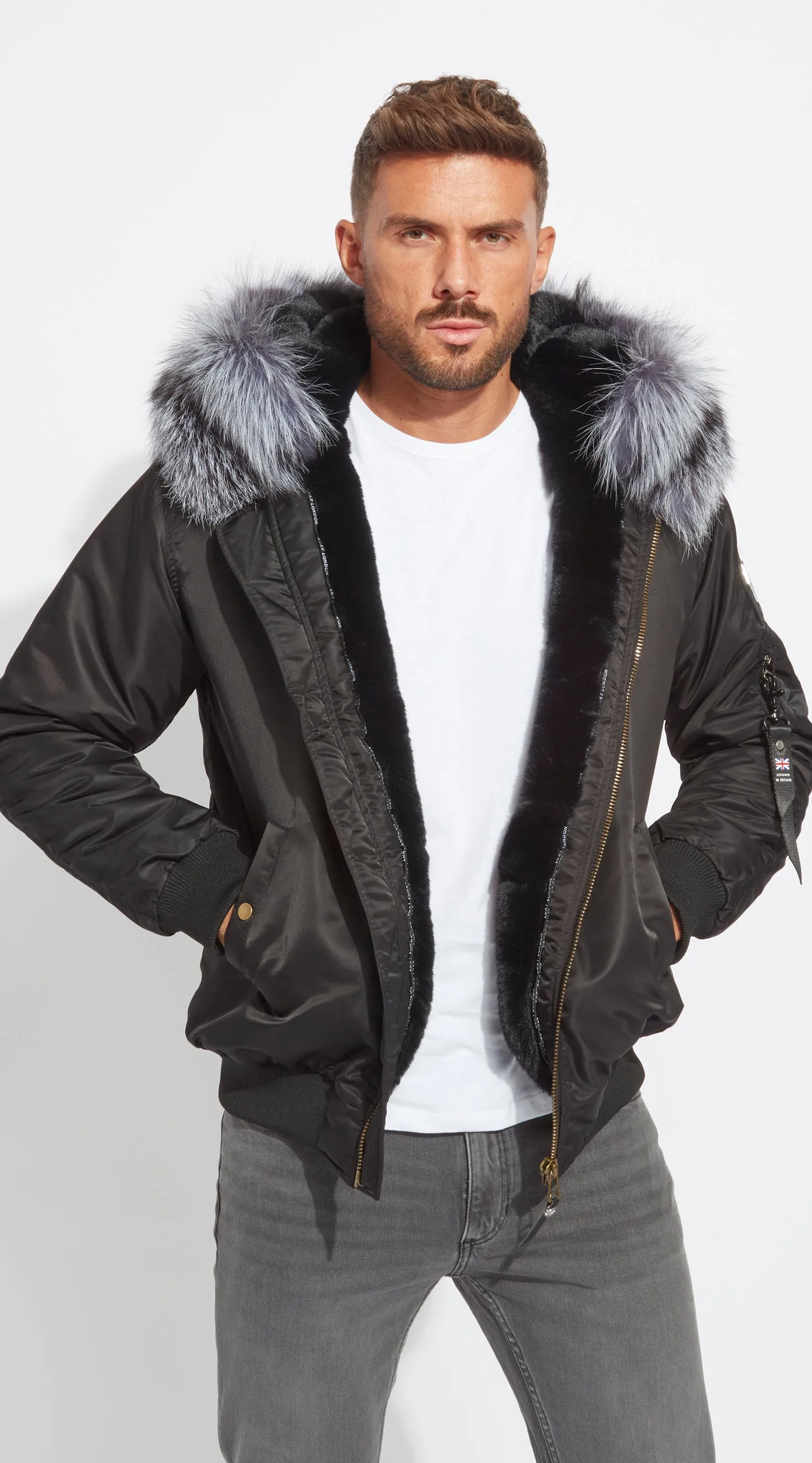 Mens Black Luxy Fur Bomber - Silver Fox