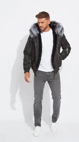 Mens Black Luxy Fur Bomber - Silver Fox