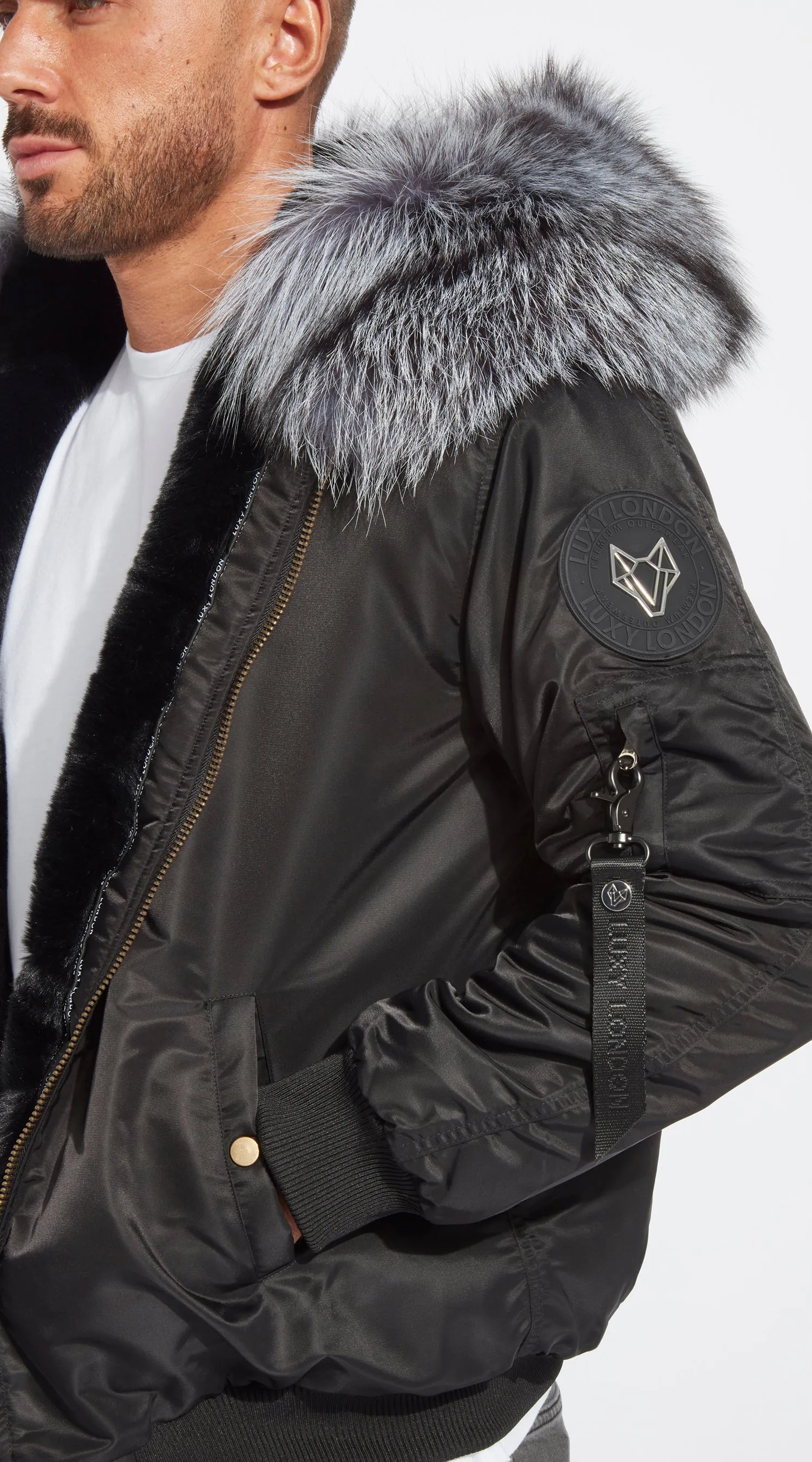 Mens Black Luxy Fur Bomber - Silver Fox