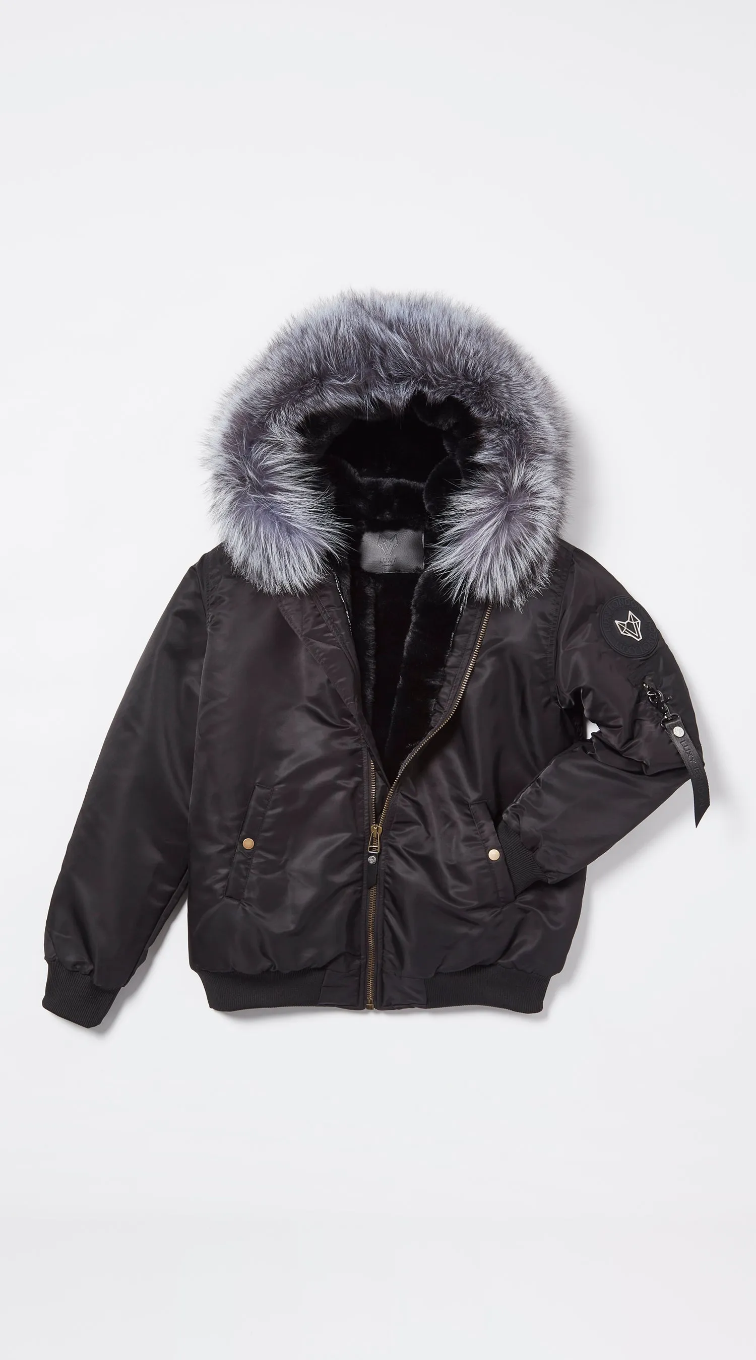 Mens Black Luxy Fur Bomber - Silver Fox