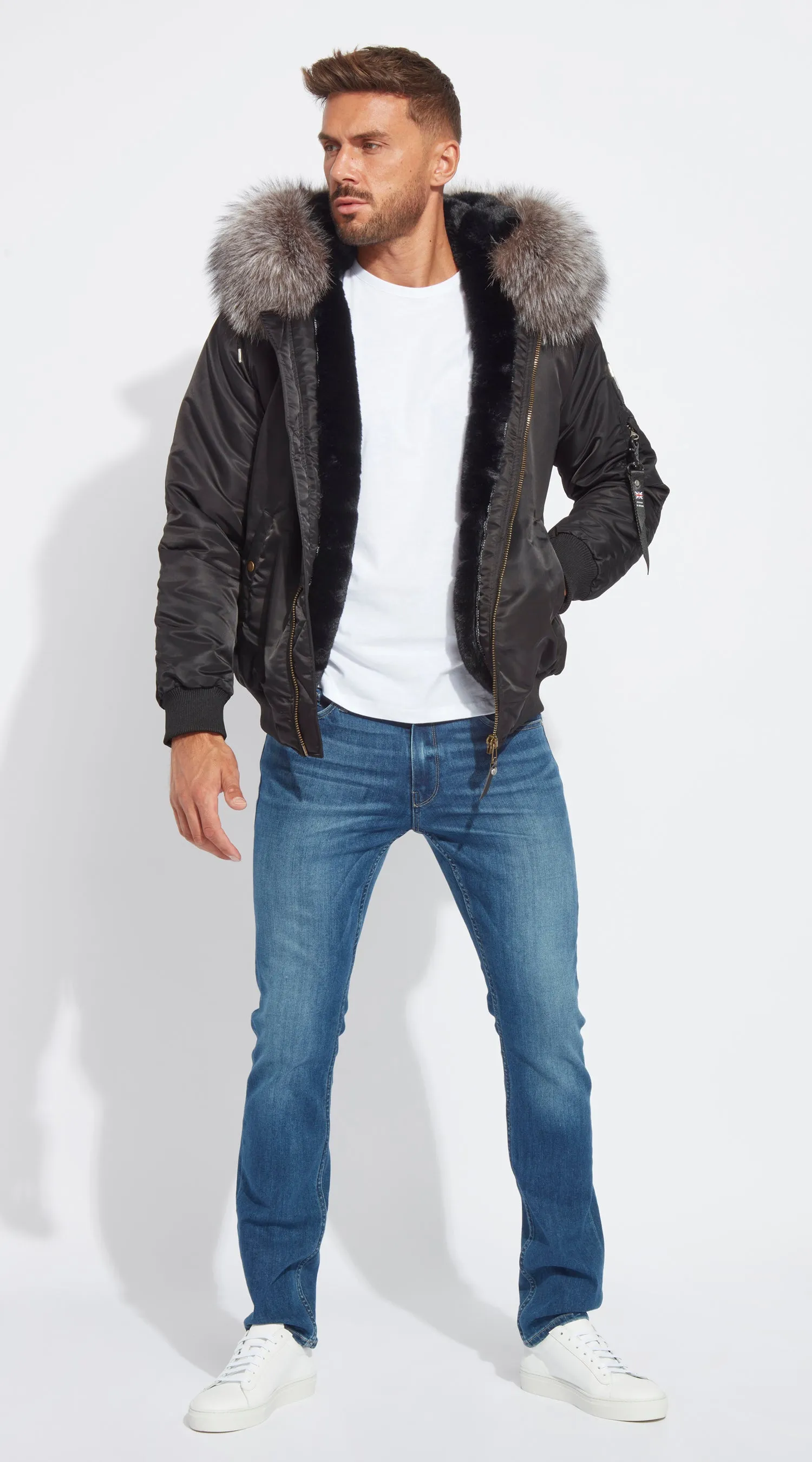 Mens Black  Luxy Fur Bomber - Silver Frost Fox