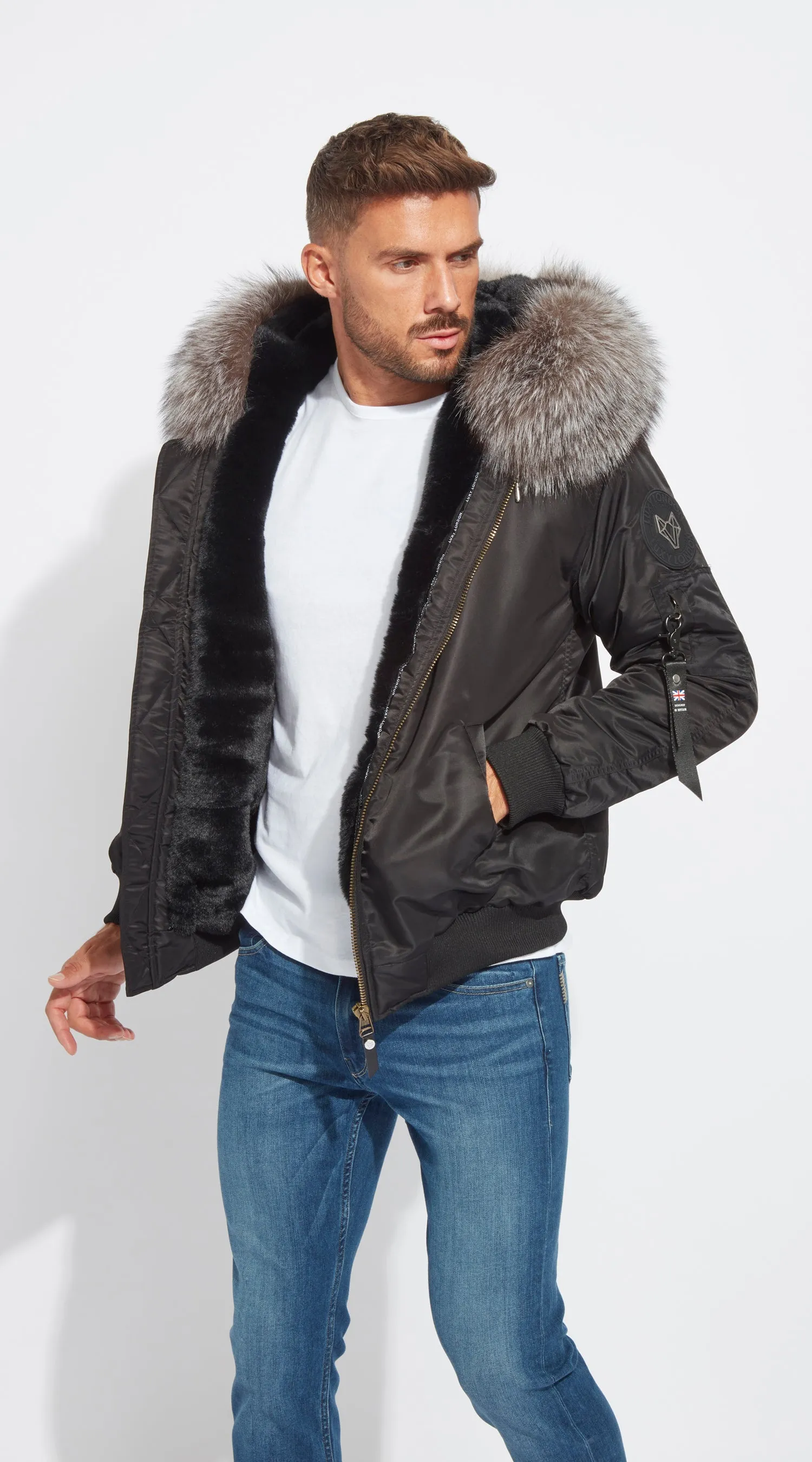 Mens Black  Luxy Fur Bomber - Silver Frost Fox