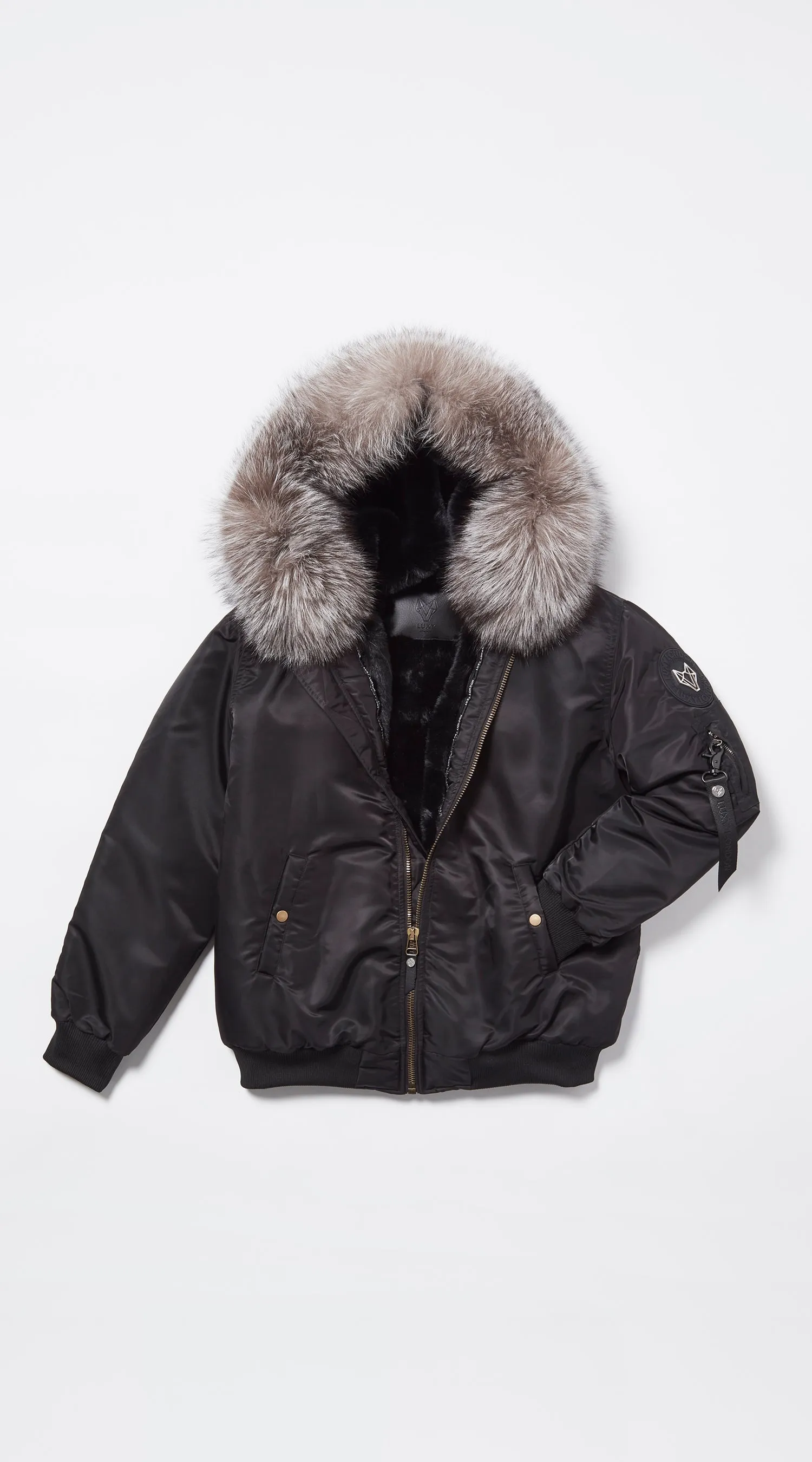 Mens Black  Luxy Fur Bomber - Silver Frost Fox