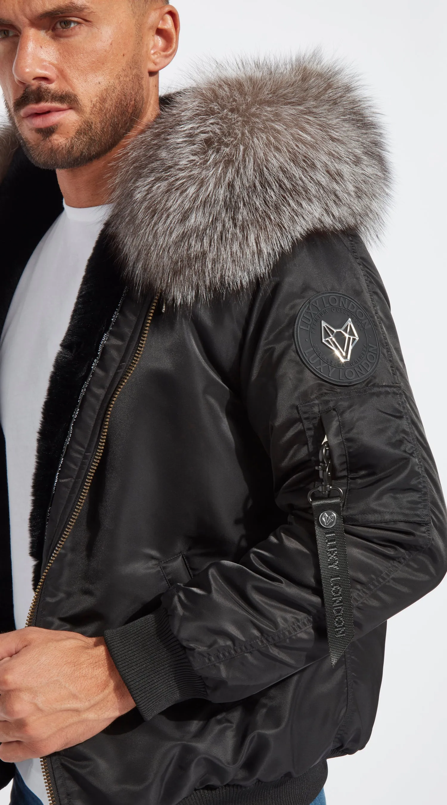 Mens Black  Luxy Fur Bomber - Silver Frost Fox