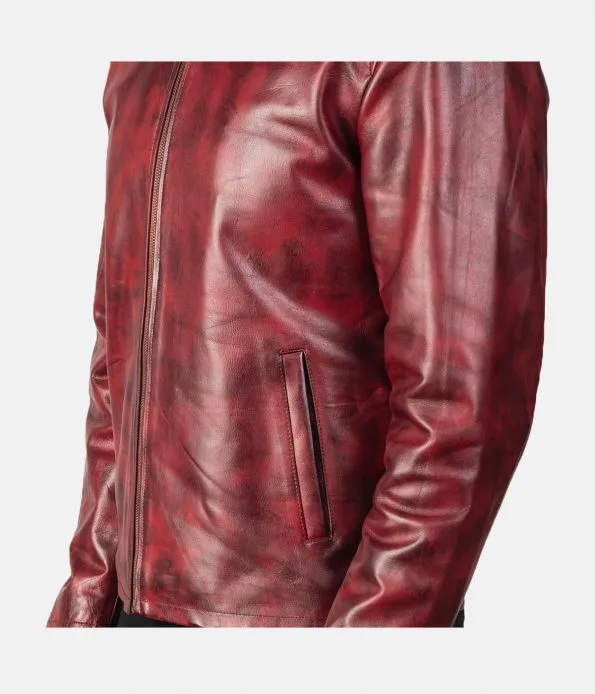 Men's Burgundy Distressed Biker Jacket