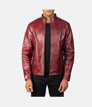 Men's Burgundy Distressed Biker Jacket