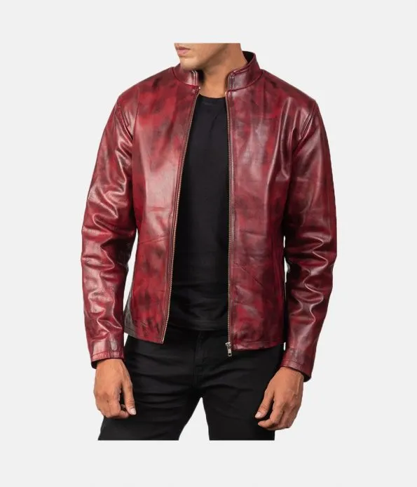 Men's Burgundy Distressed Biker Jacket