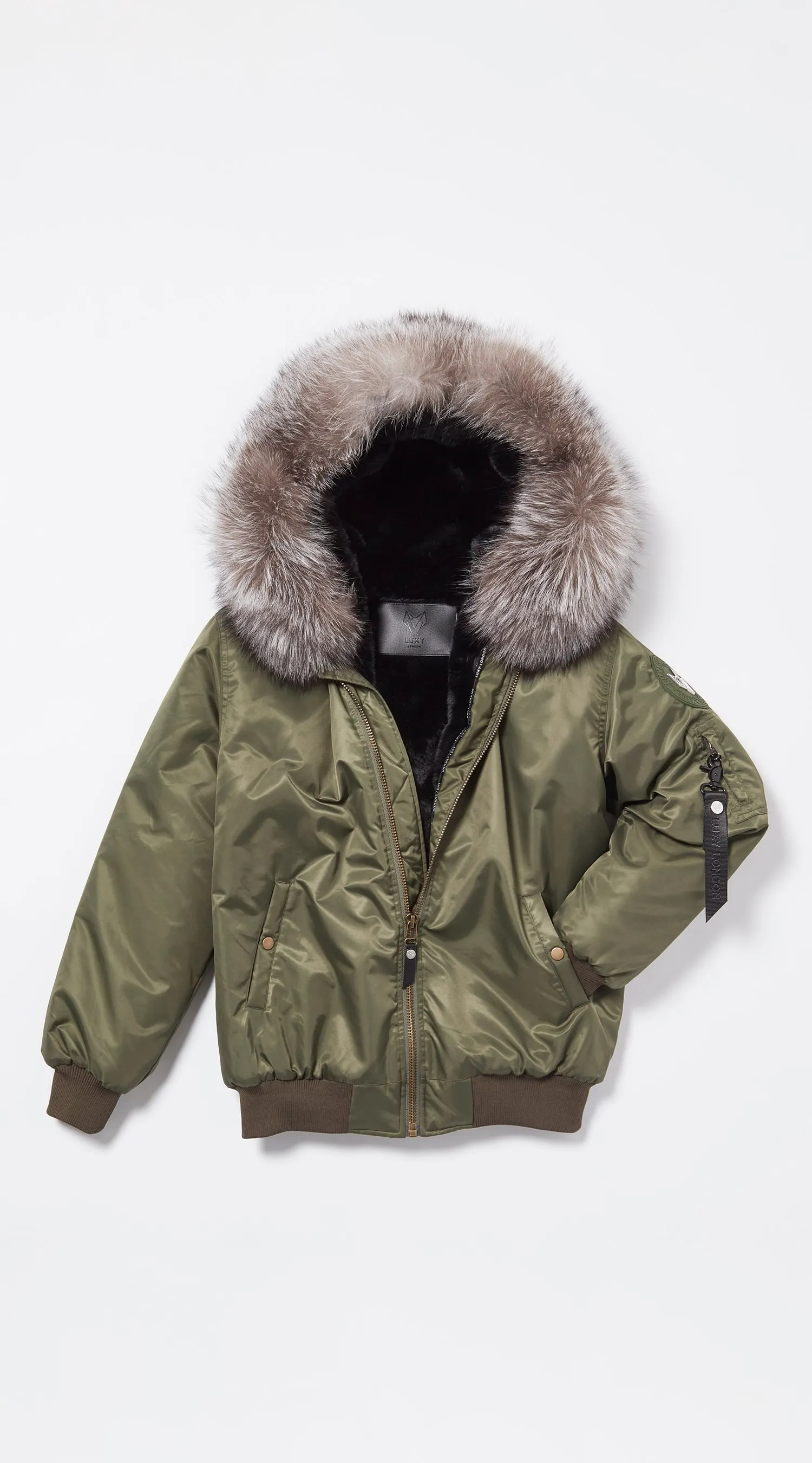 Mens Khaki Luxy Fur Bomber - Silver Frost Fox