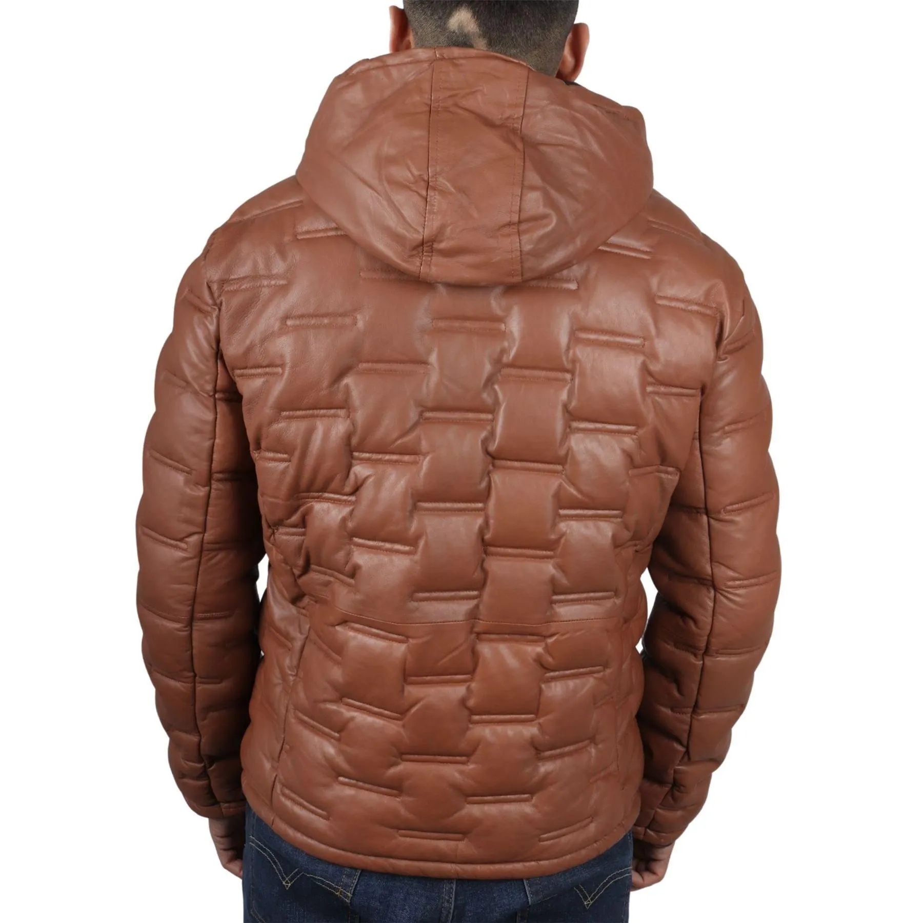 Men's Puffer Quilted Real Leather Jacket Hooded Casual