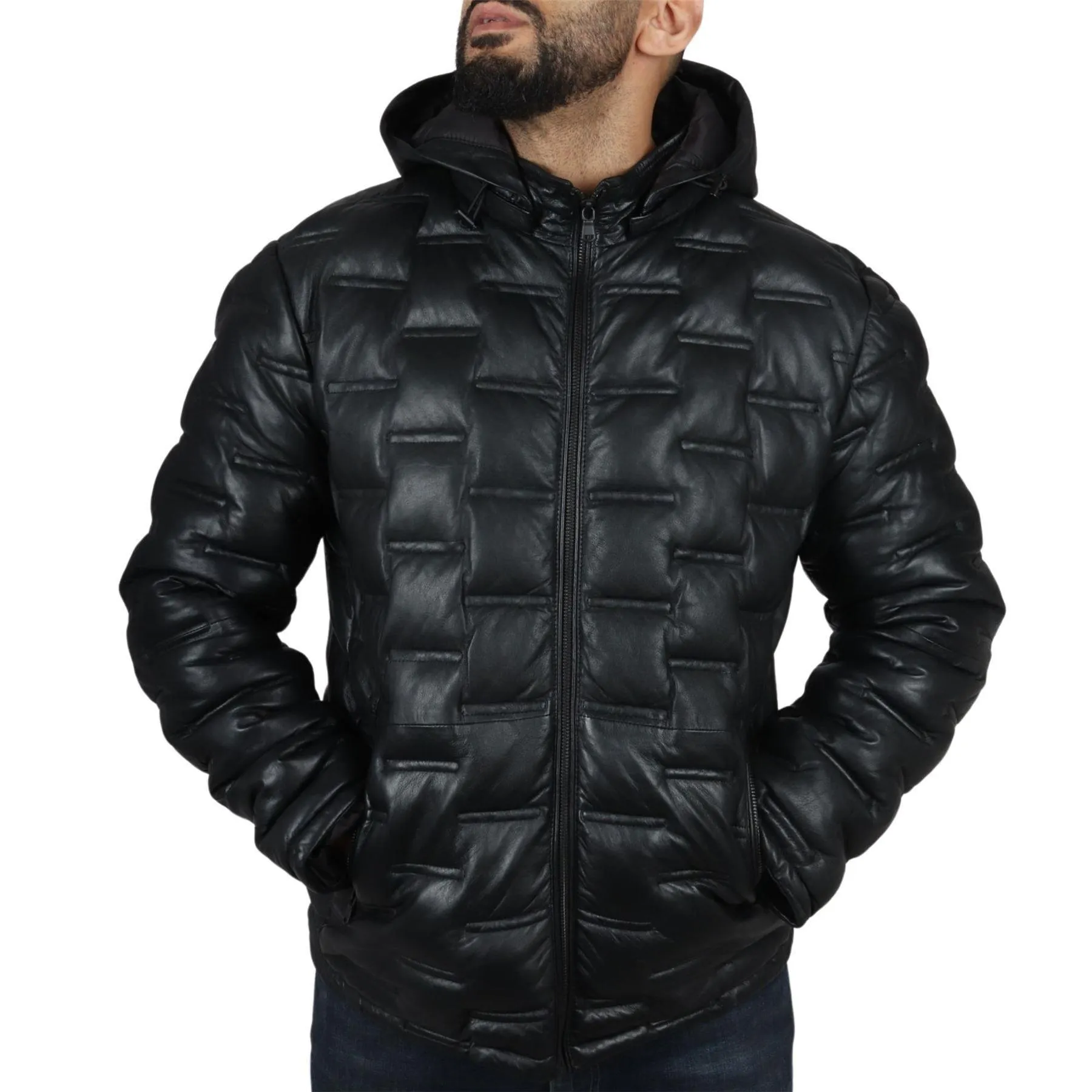 Men's Puffer Quilted Real Leather Jacket Hooded Casual