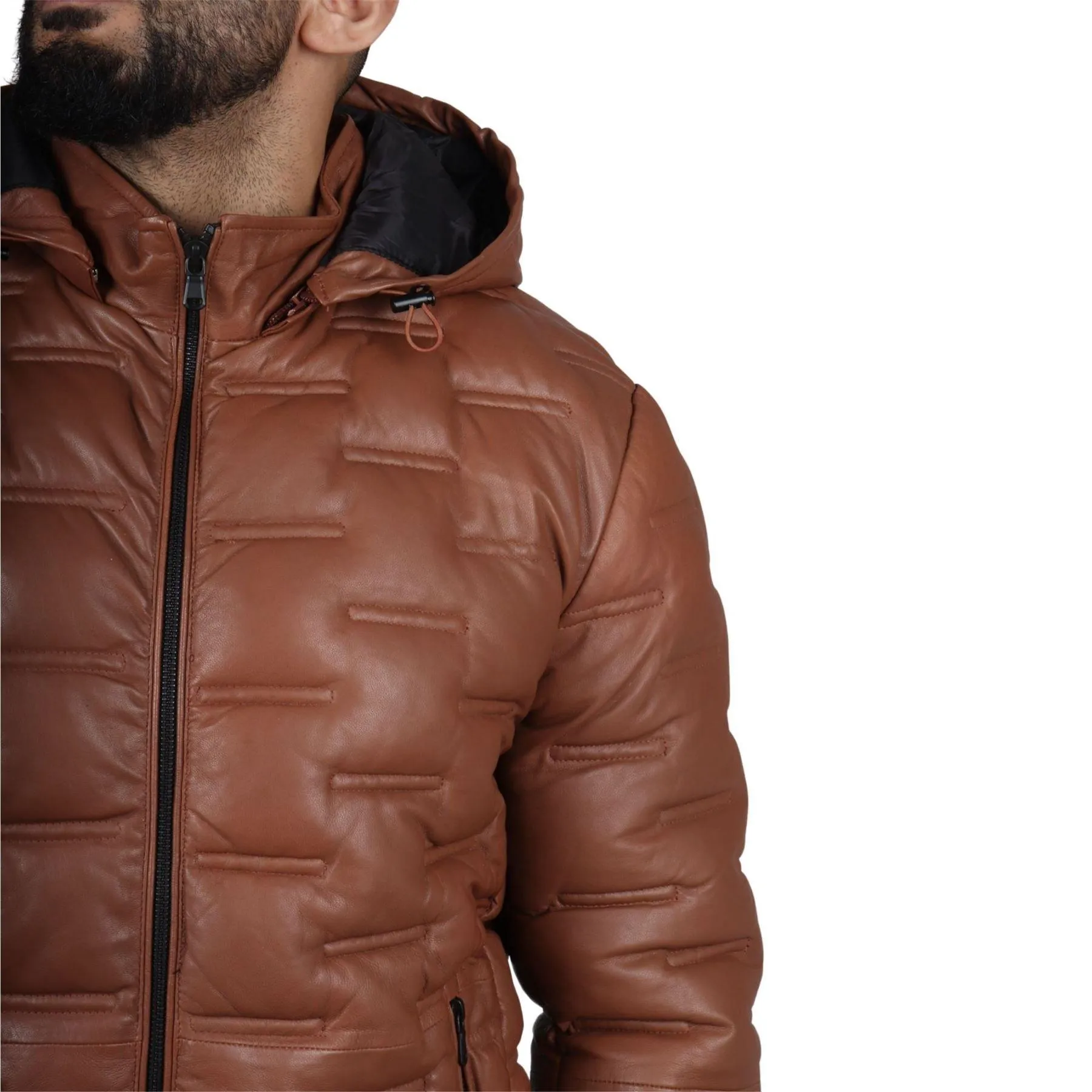 Men's Puffer Quilted Real Leather Jacket Hooded Casual