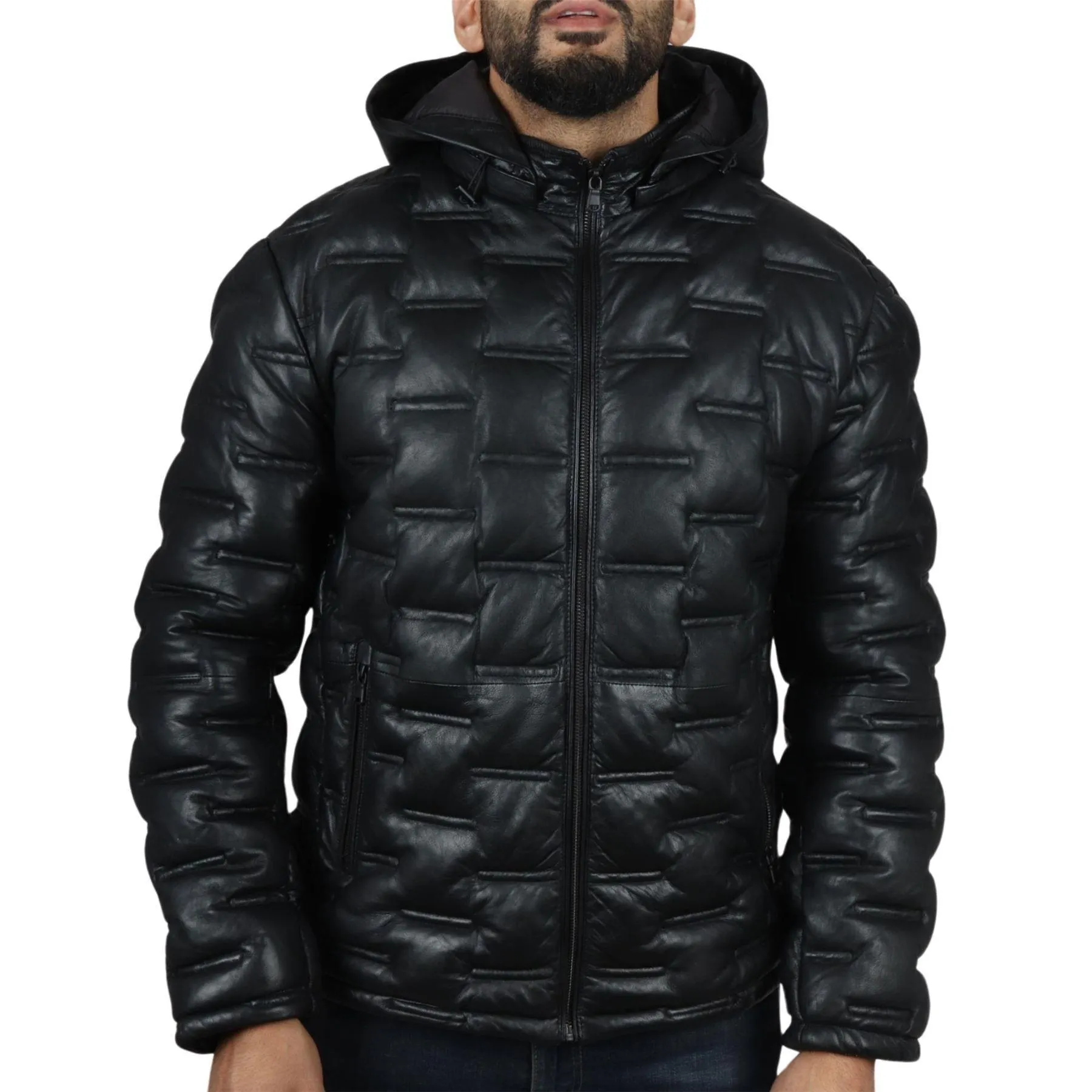 Men's Puffer Quilted Real Leather Jacket Hooded Casual