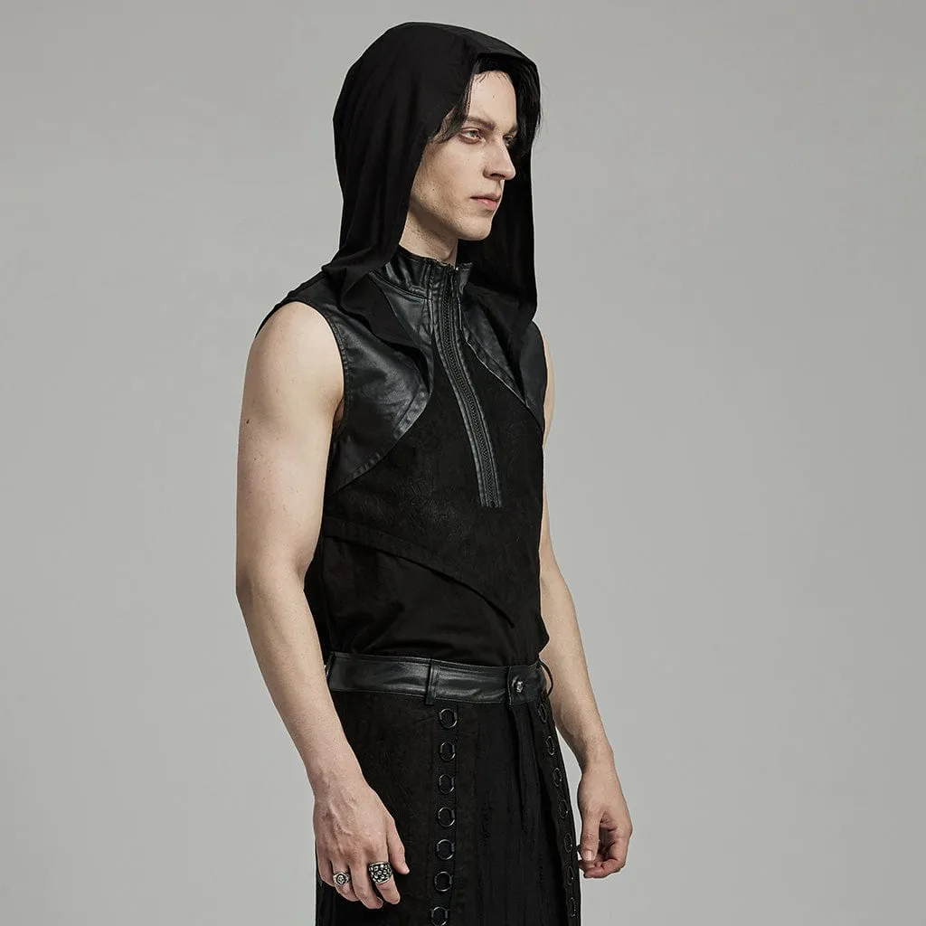 Men's Punk Stand Collar Faux Leather Splice Tank Top with Hood