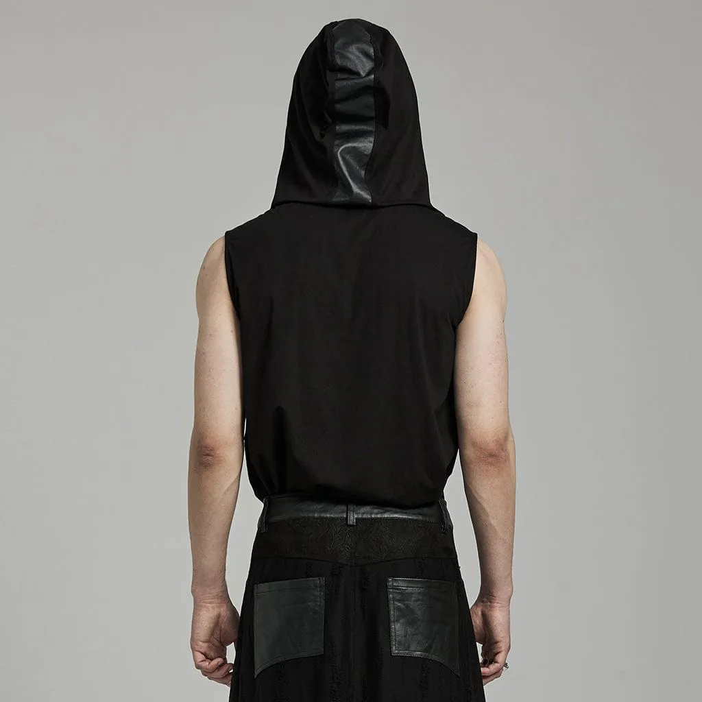 Men's Punk Stand Collar Faux Leather Splice Tank Top with Hood