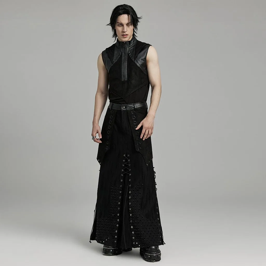 Men's Punk Stand Collar Faux Leather Splice Tank Top with Hood