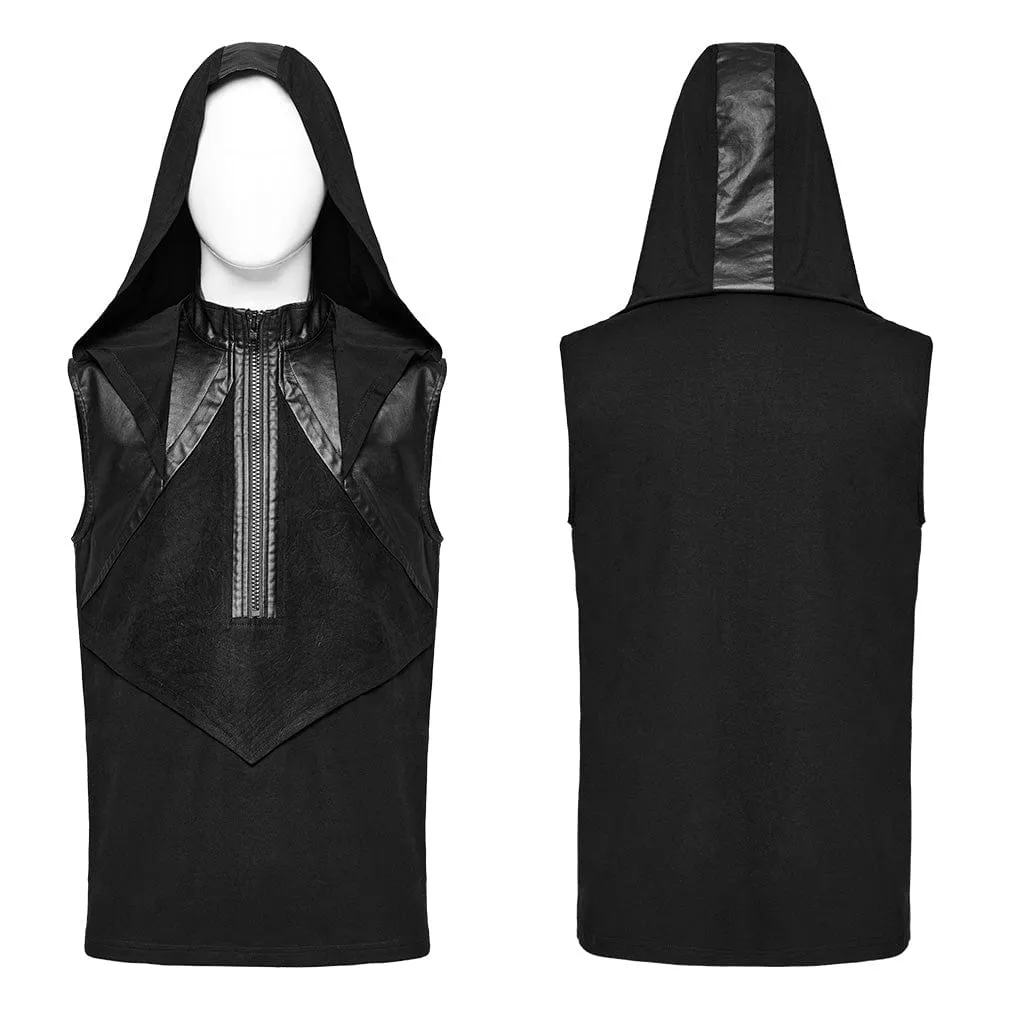 Men's Punk Stand Collar Faux Leather Splice Tank Top with Hood