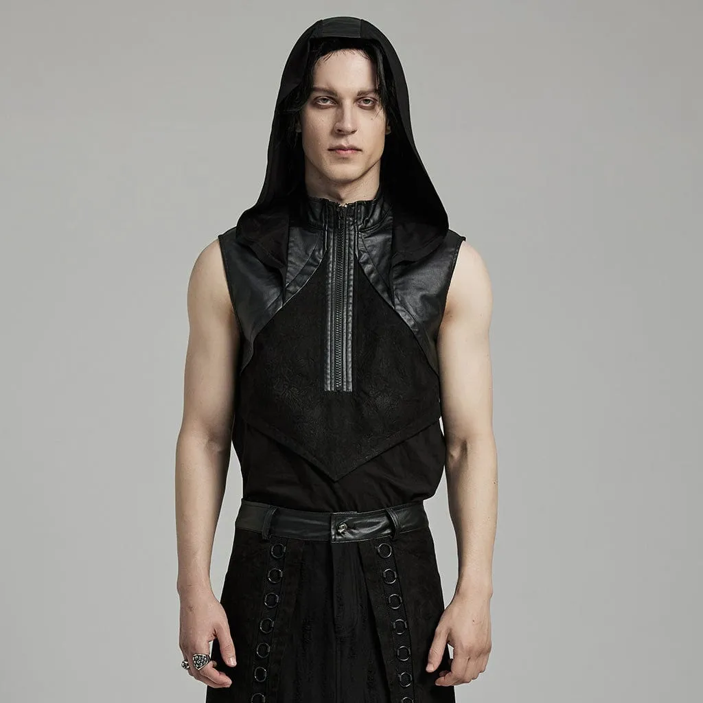 Men's Punk Stand Collar Faux Leather Splice Tank Top with Hood