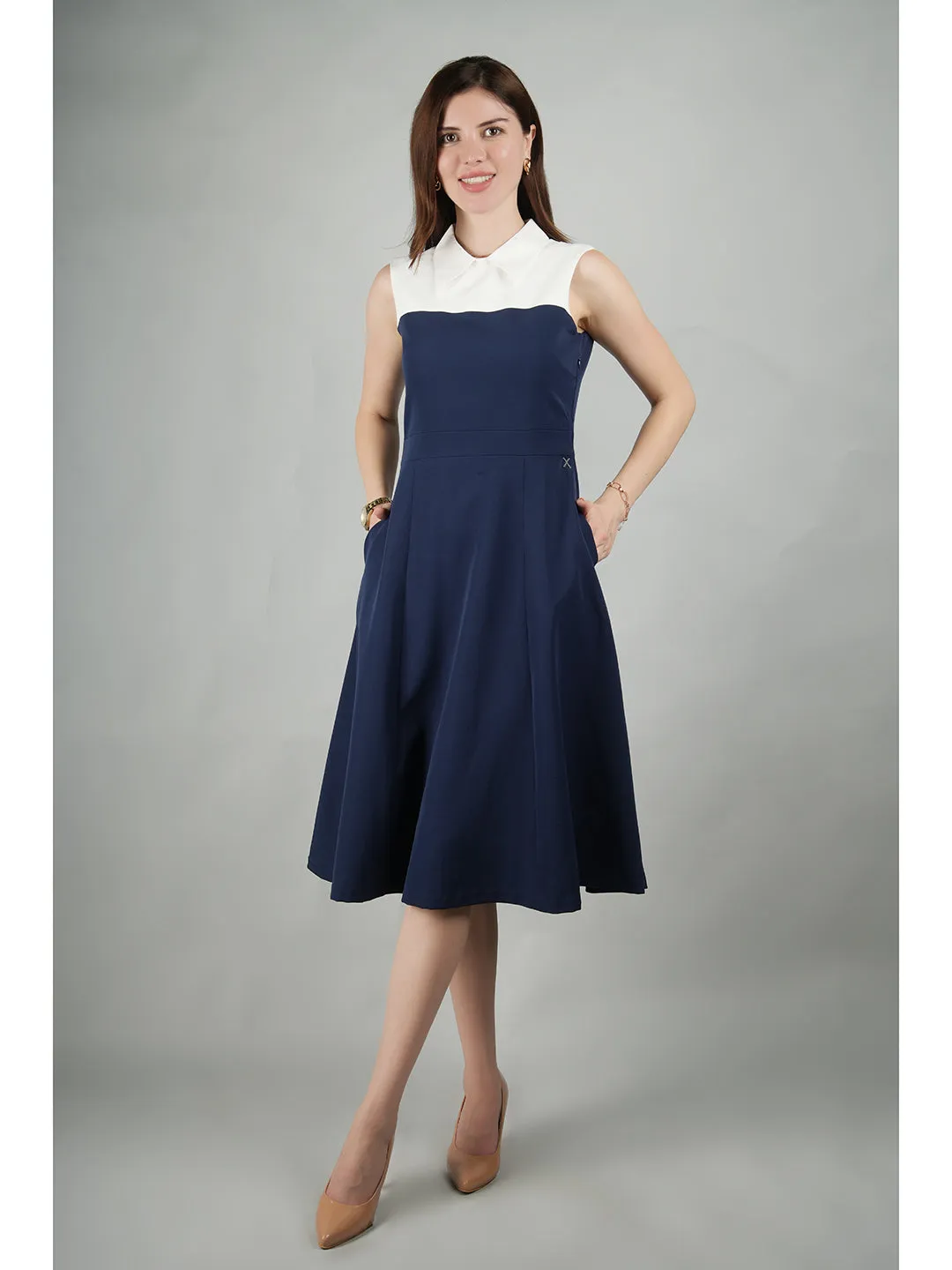 Navy Blue Blended Fabric Bronzed Color Block Dress