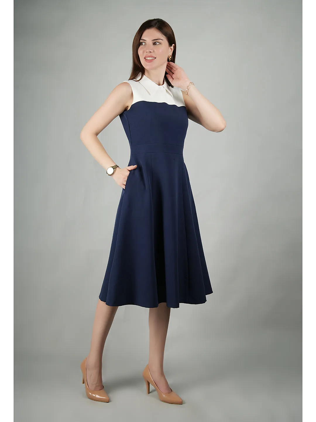 Navy Blue Blended Fabric Bronzed Color Block Dress