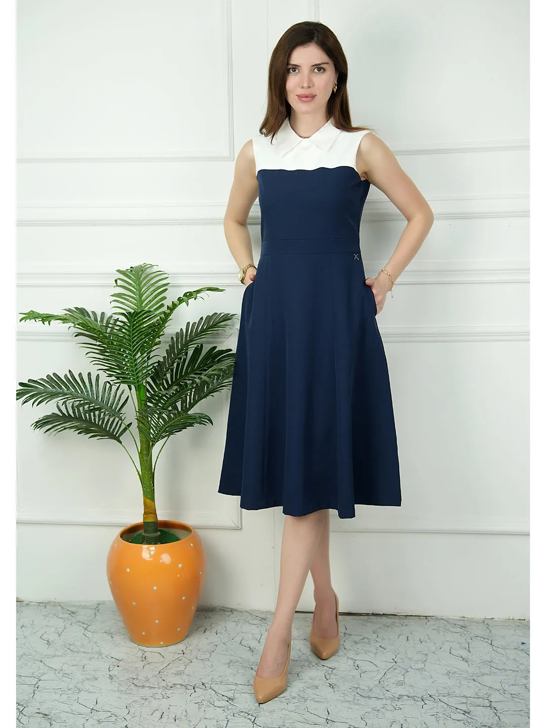 Navy Blue Blended Fabric Bronzed Color Block Dress