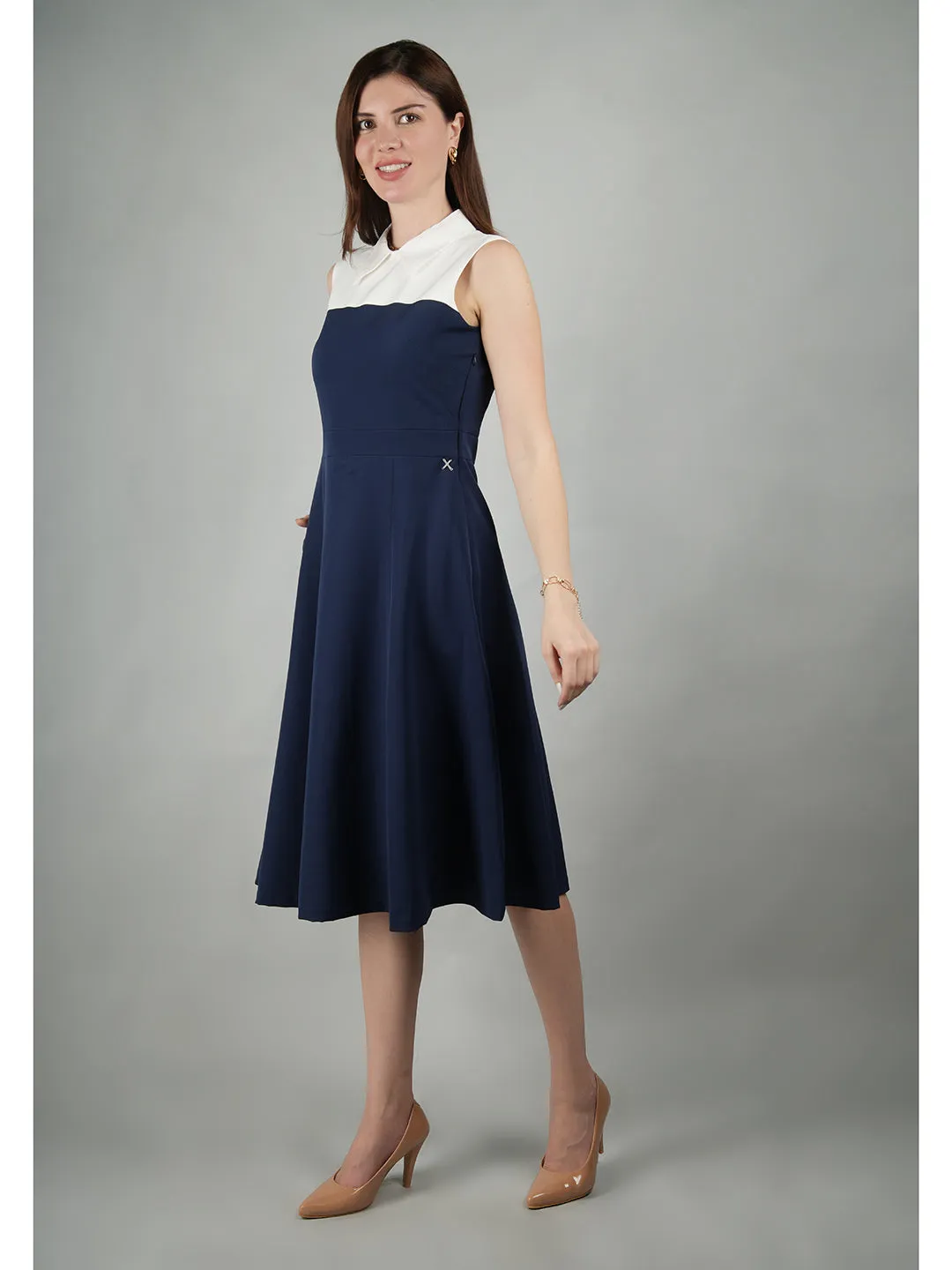 Navy Blue Blended Fabric Bronzed Color Block Dress