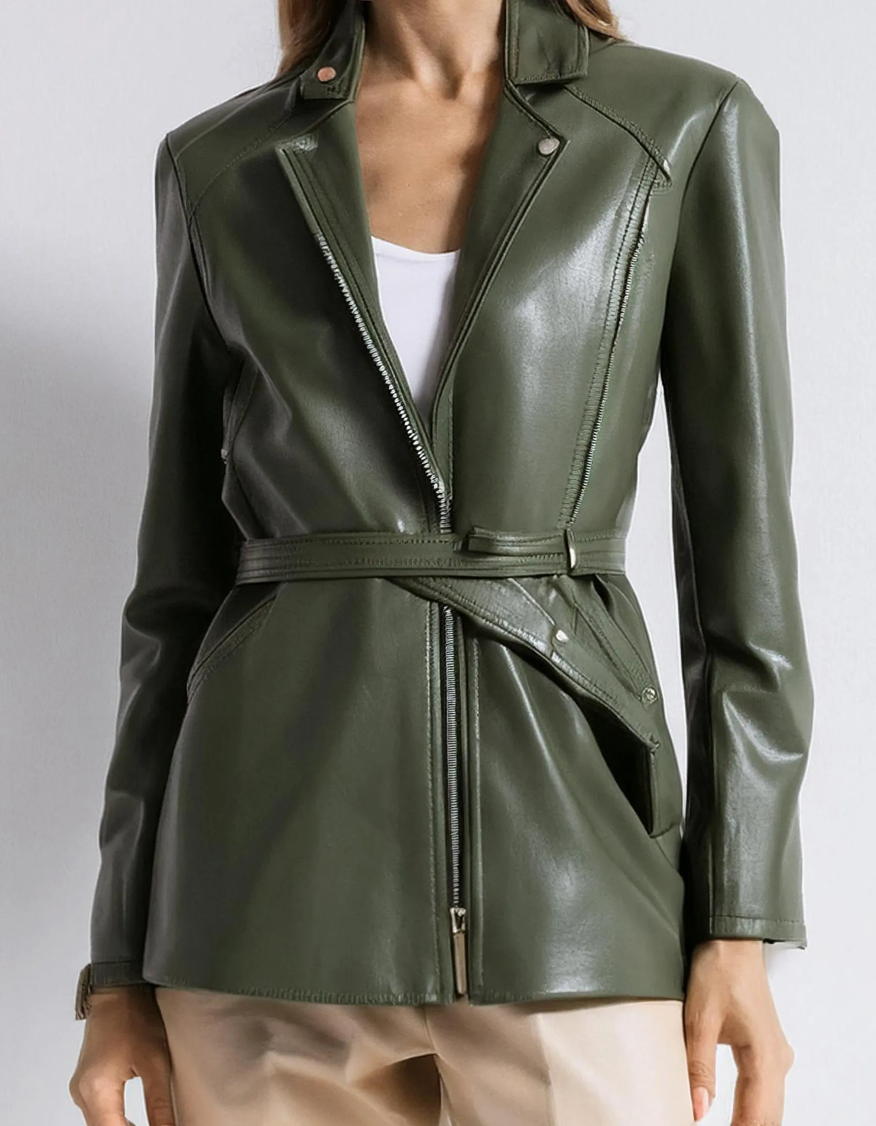 Olive Green Leather Blazer Jacket