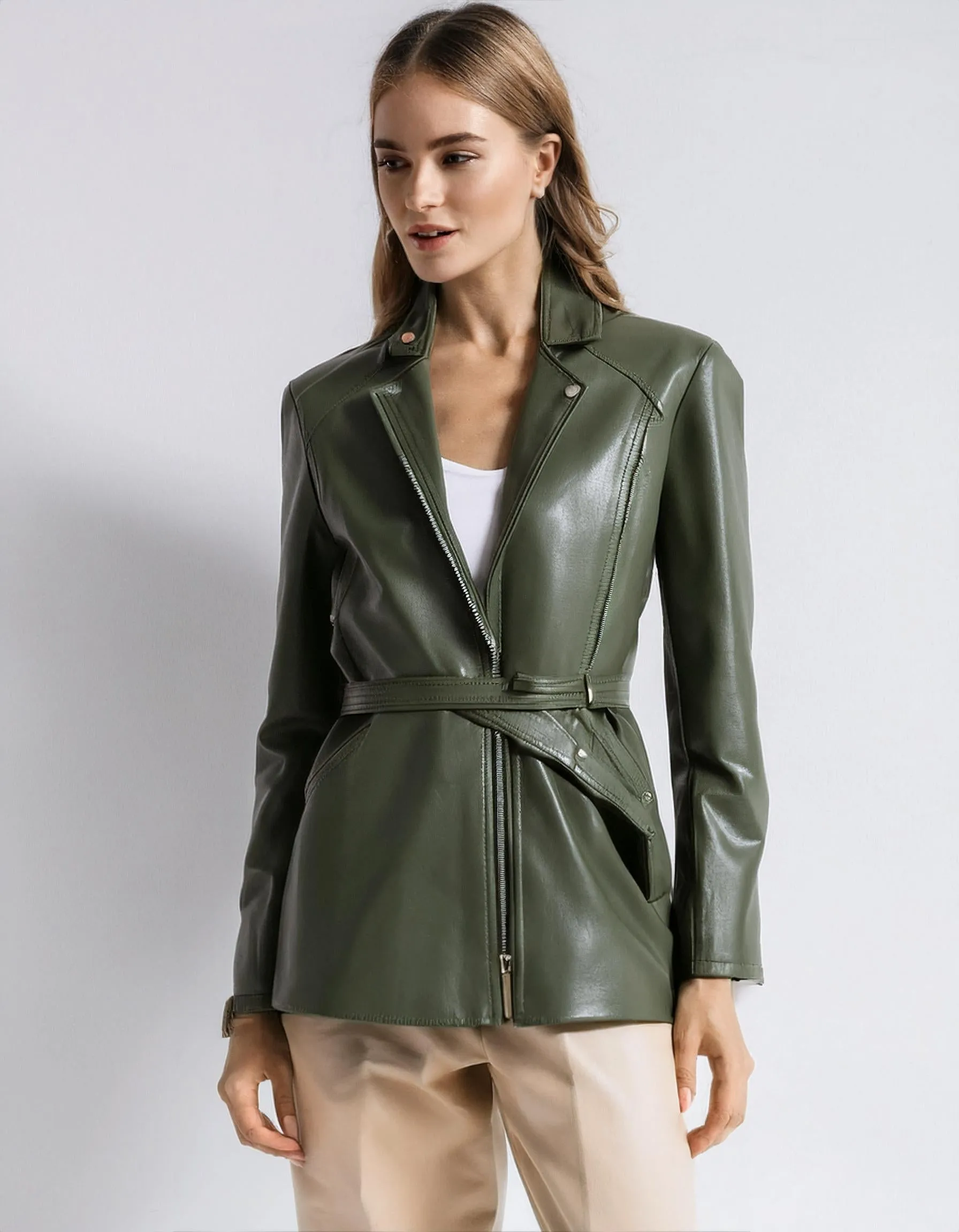 Olive Green Leather Blazer Jacket