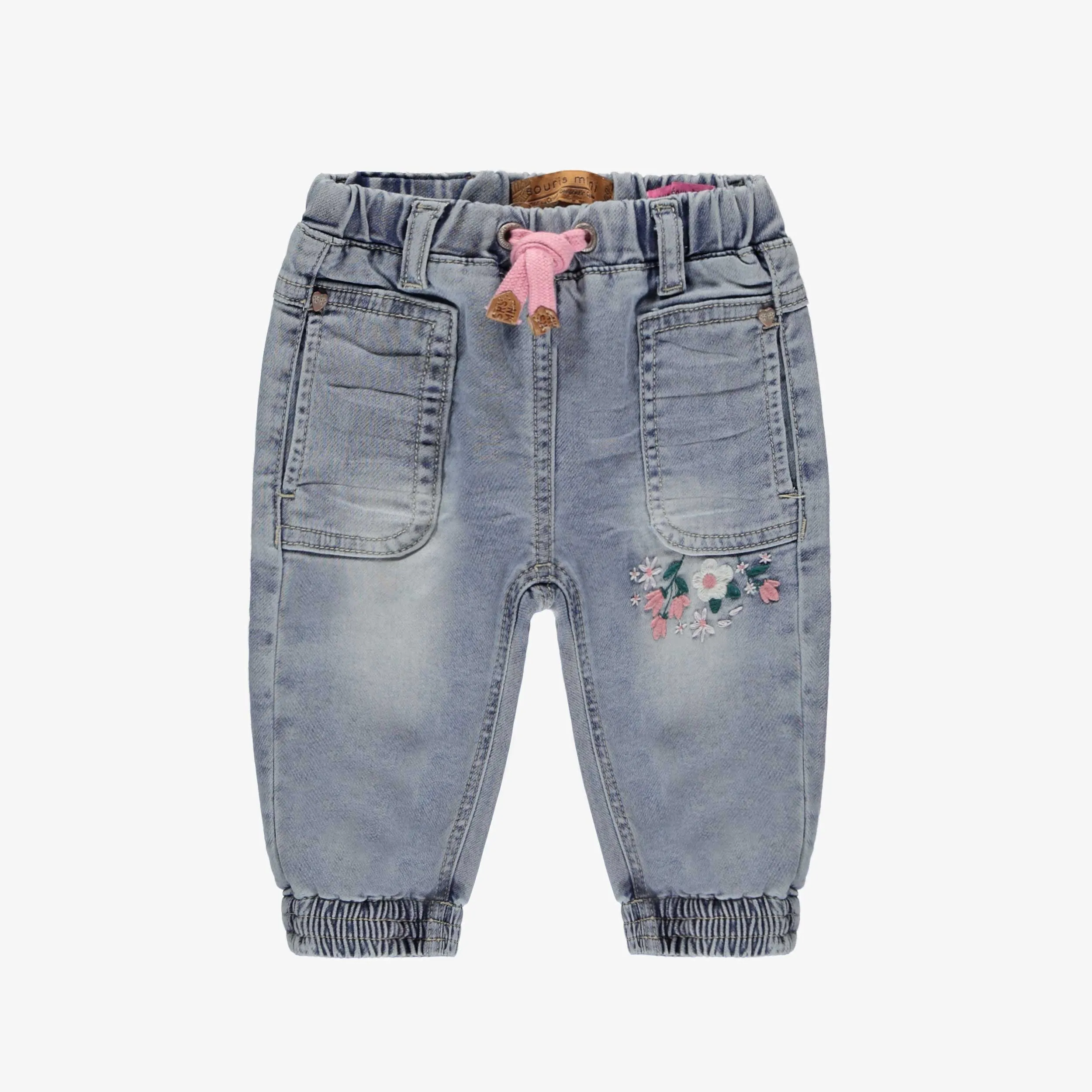 Pantalon en denim bleu moyen avec broderies, bébé || Medium blue denim pants with embroidery, baby