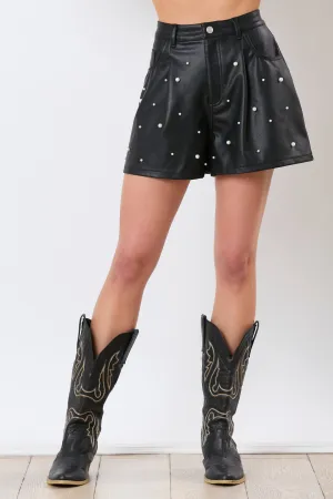 PE Pearl Embellished Leather Shorts - Black