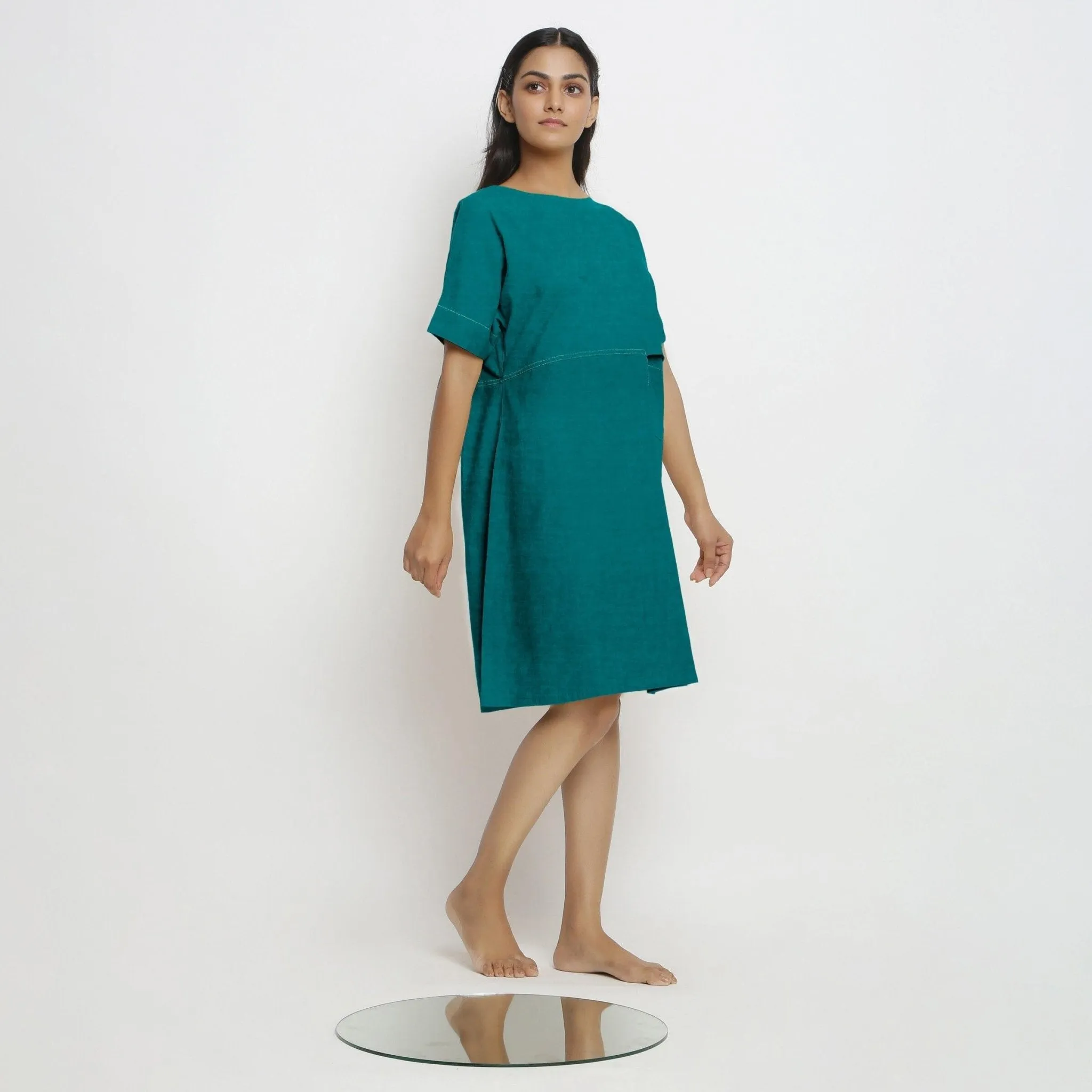 Pine Green Cotton Linen Yoked Knee Length Shift Dress