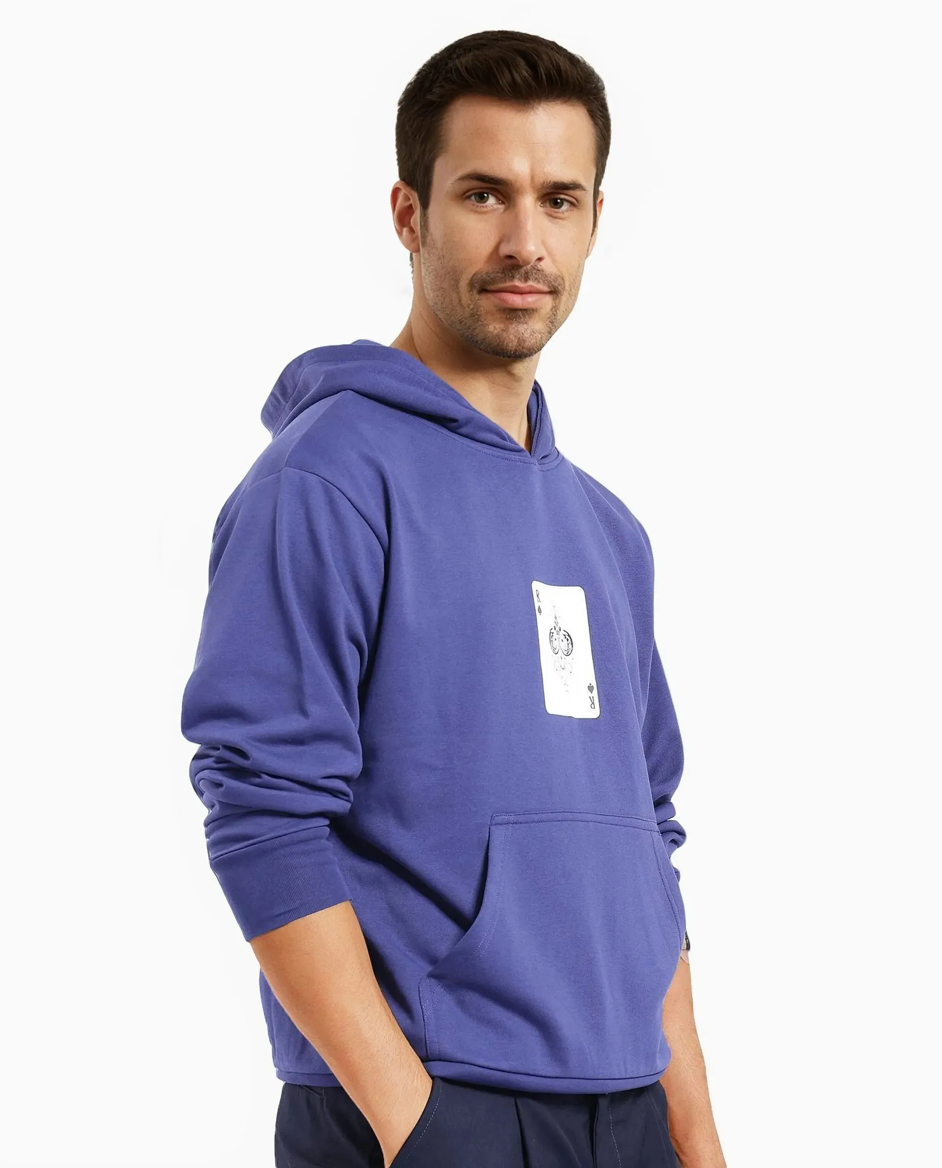 Rare Rabbit Men Meloro Navy Cotton Polyester Fabric Full Sleeve Hooded Regular Fit Printed Sweatshirt