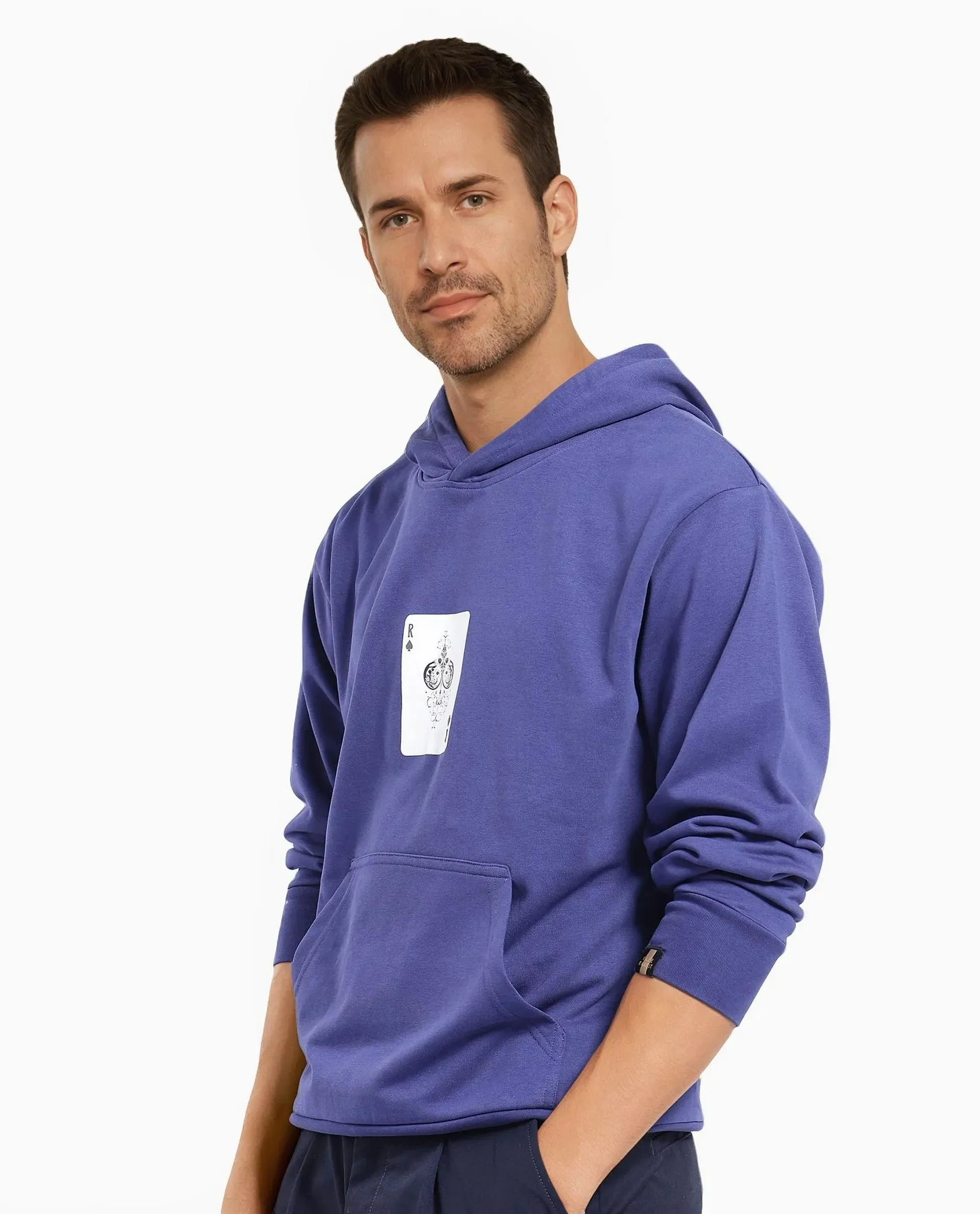 Rare Rabbit Men Meloro Navy Cotton Polyester Fabric Full Sleeve Hooded Regular Fit Printed Sweatshirt