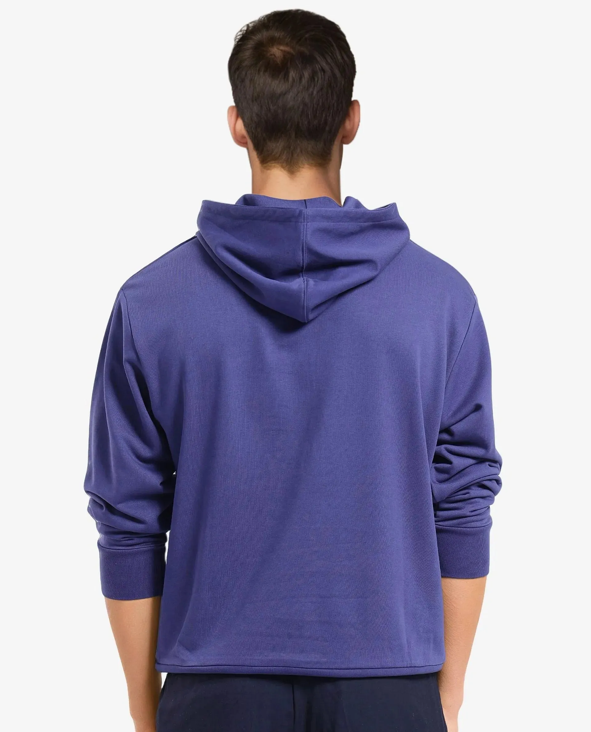 Rare Rabbit Men Meloro Navy Cotton Polyester Fabric Full Sleeve Hooded Regular Fit Printed Sweatshirt