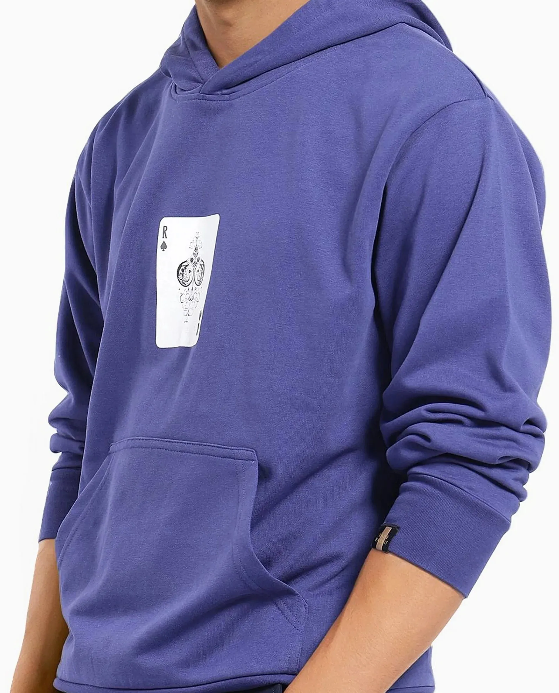 Rare Rabbit Men Meloro Navy Cotton Polyester Fabric Full Sleeve Hooded Regular Fit Printed Sweatshirt