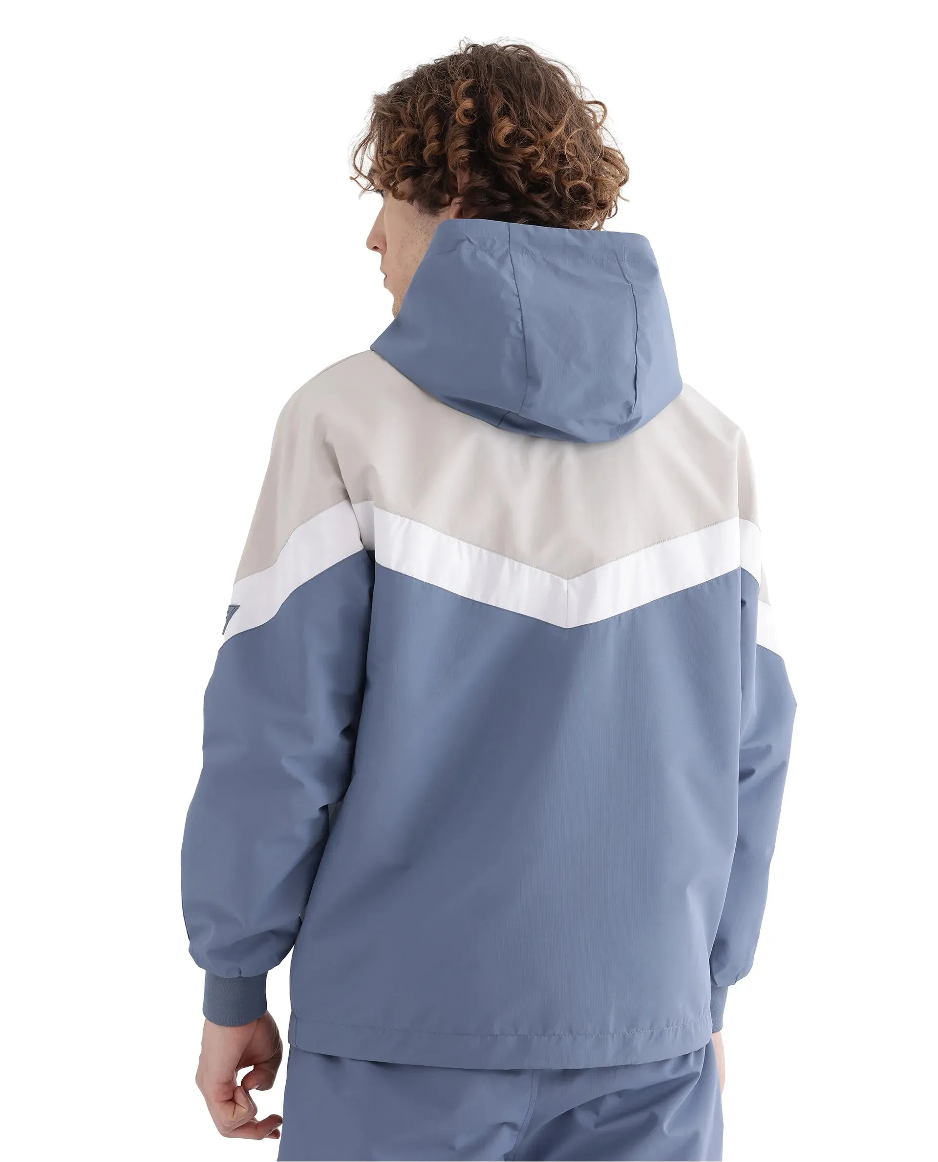 Rare Rabbit Men Waber Light Blue Polyester Fabric Full Sleeve Hooded Zipper Closure Cut and Sew Jacket