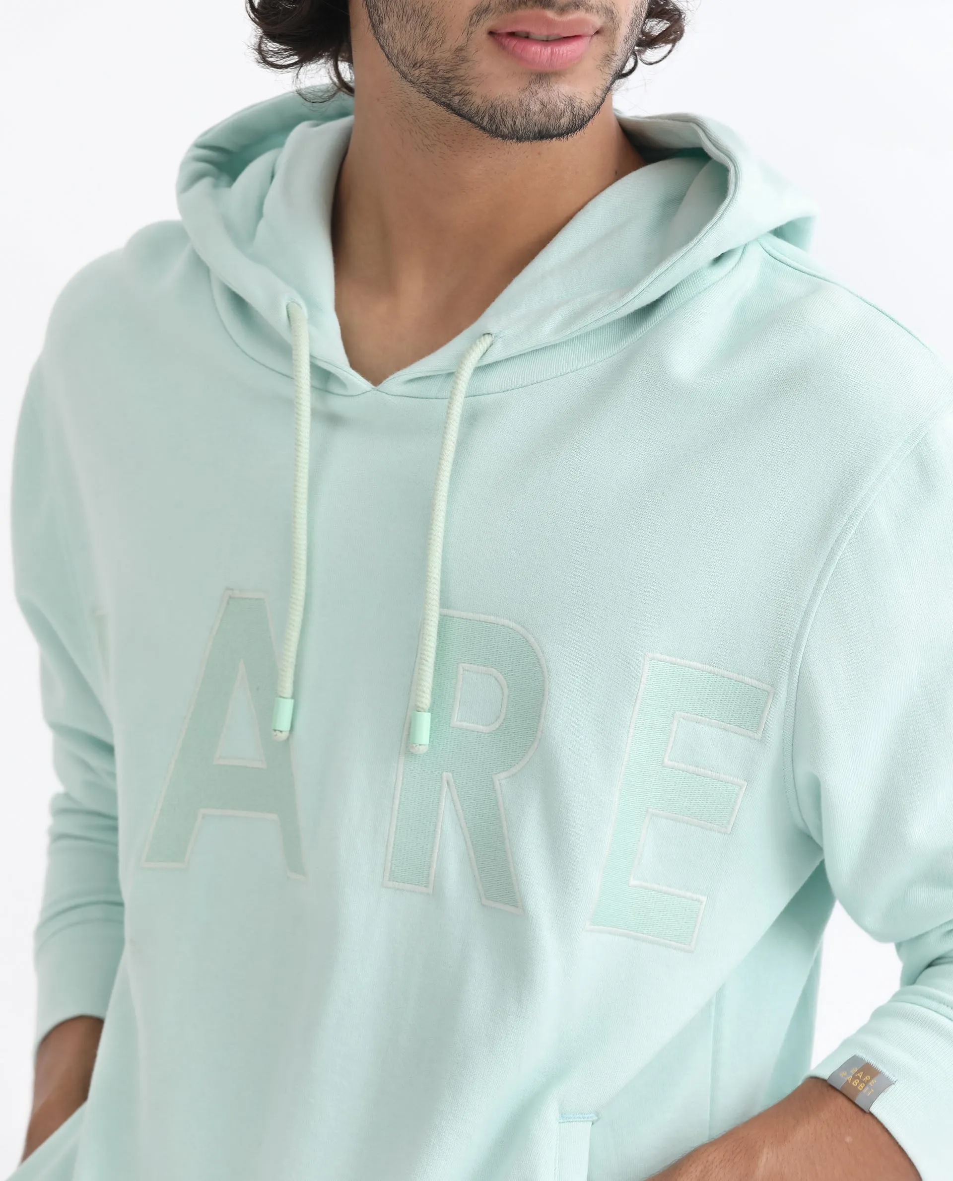 Rare Rabbit Men's April Light Blue Cotton Polyester Fabric Full Sleeves Embroidery Graphic Print Hooded Sweatshirt