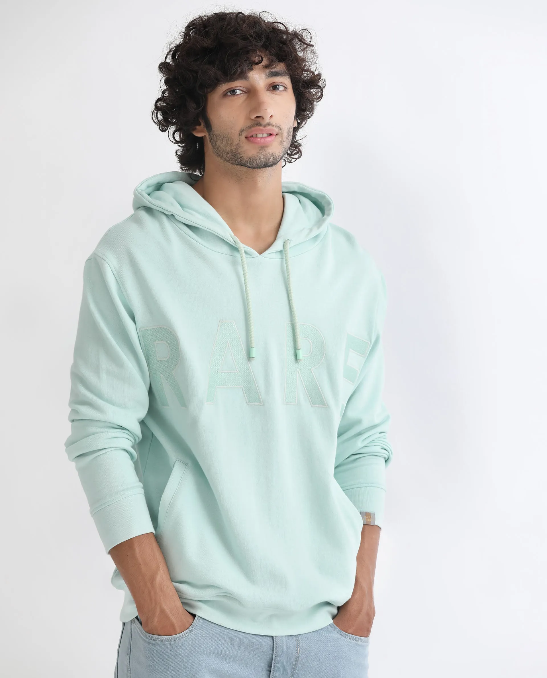 Rare Rabbit Men's April Light Blue Cotton Polyester Fabric Full Sleeves Embroidery Graphic Print Hooded Sweatshirt