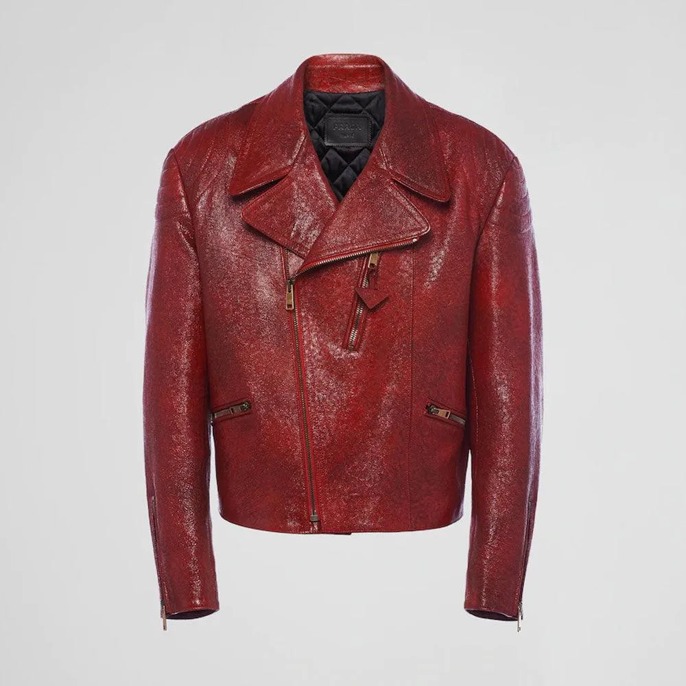 Red Sheepskin leather biker jacket For Women